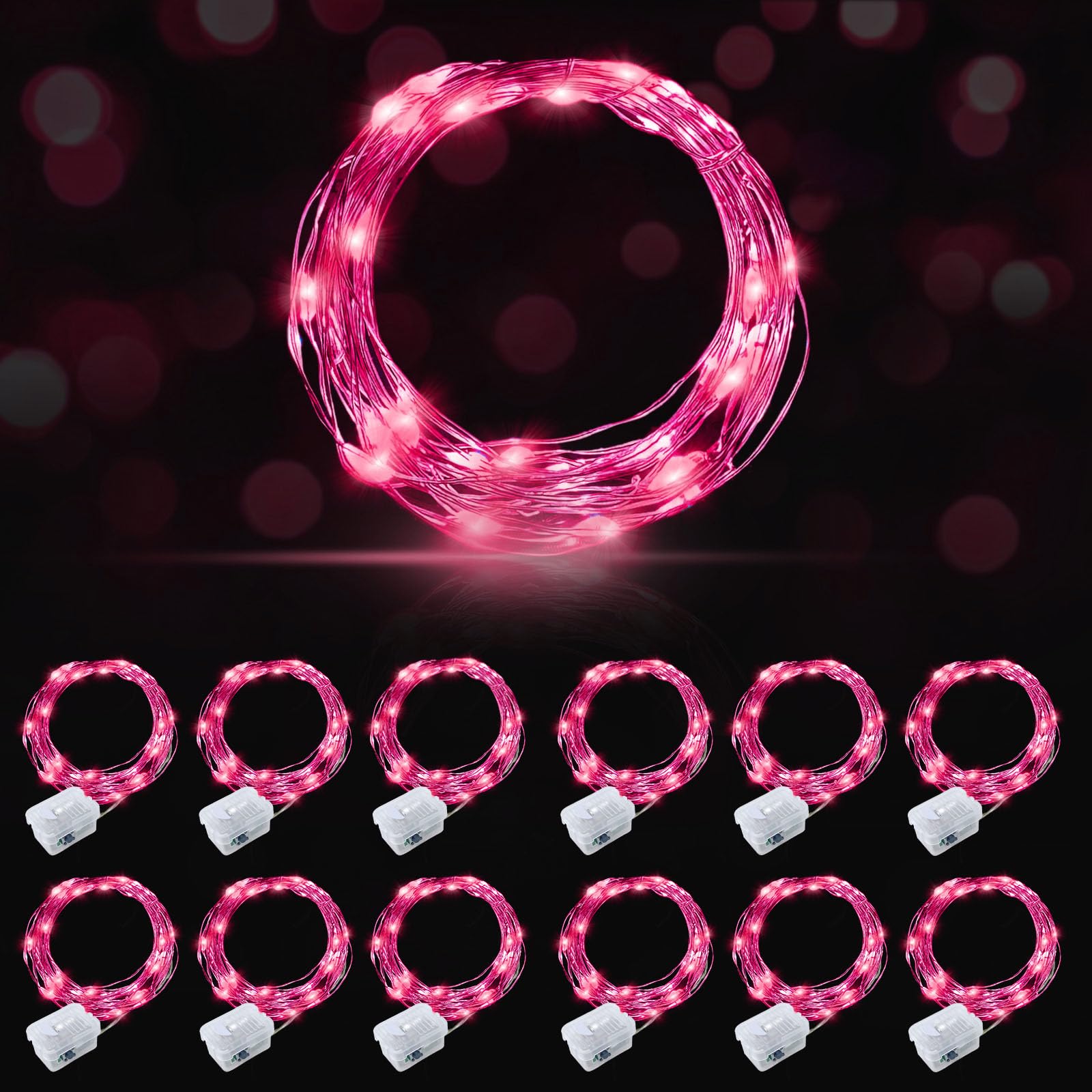 Aikei 12 Pack Led Fairy Lights Battery Operated, Valentines Day Decor String Lights Waterproof 7 Feet 20 Led Firefly Starry Lights For Wedding Party Bedroom Garden Christmas Decoration Pink
