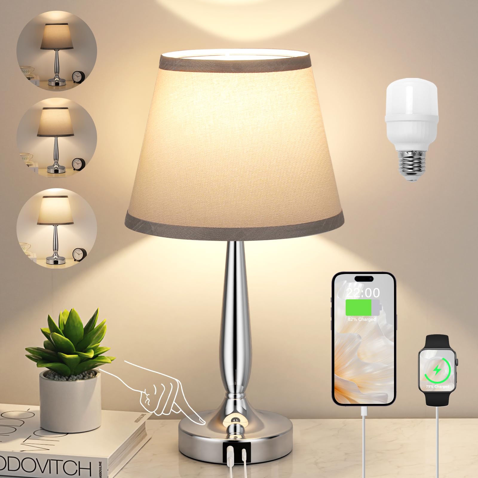 Kakanuo Touch Table Lamp for Bedroom, Small Bedside Lamp with USB C Charging Port, 3 Way Dimmable Touch Control Nightstand Lamp 