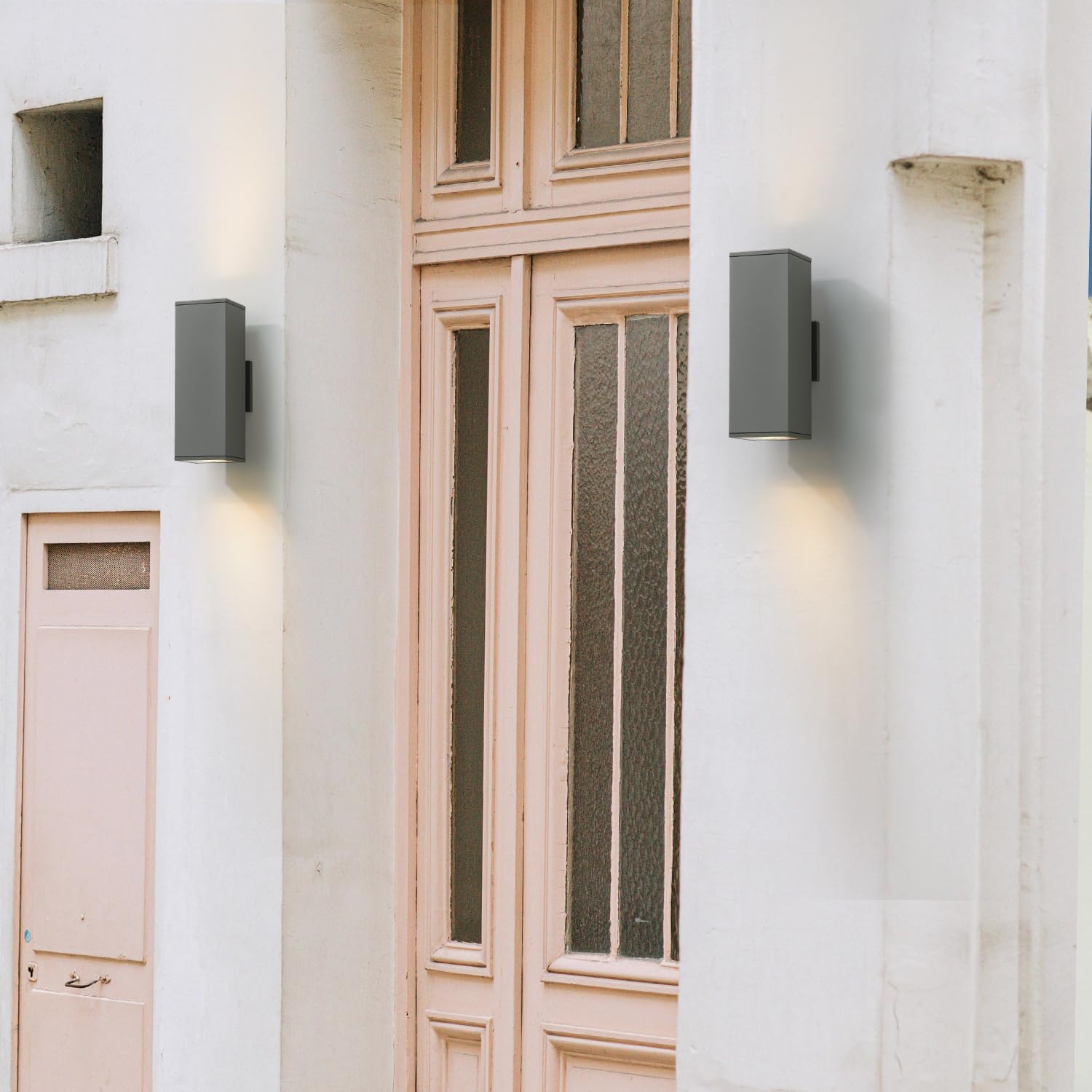 mirrea 14in Modern Outdoor Porch Light Sconce, 2-Pack, Aluminum, Waterproof, Matte Gray, Model BH004