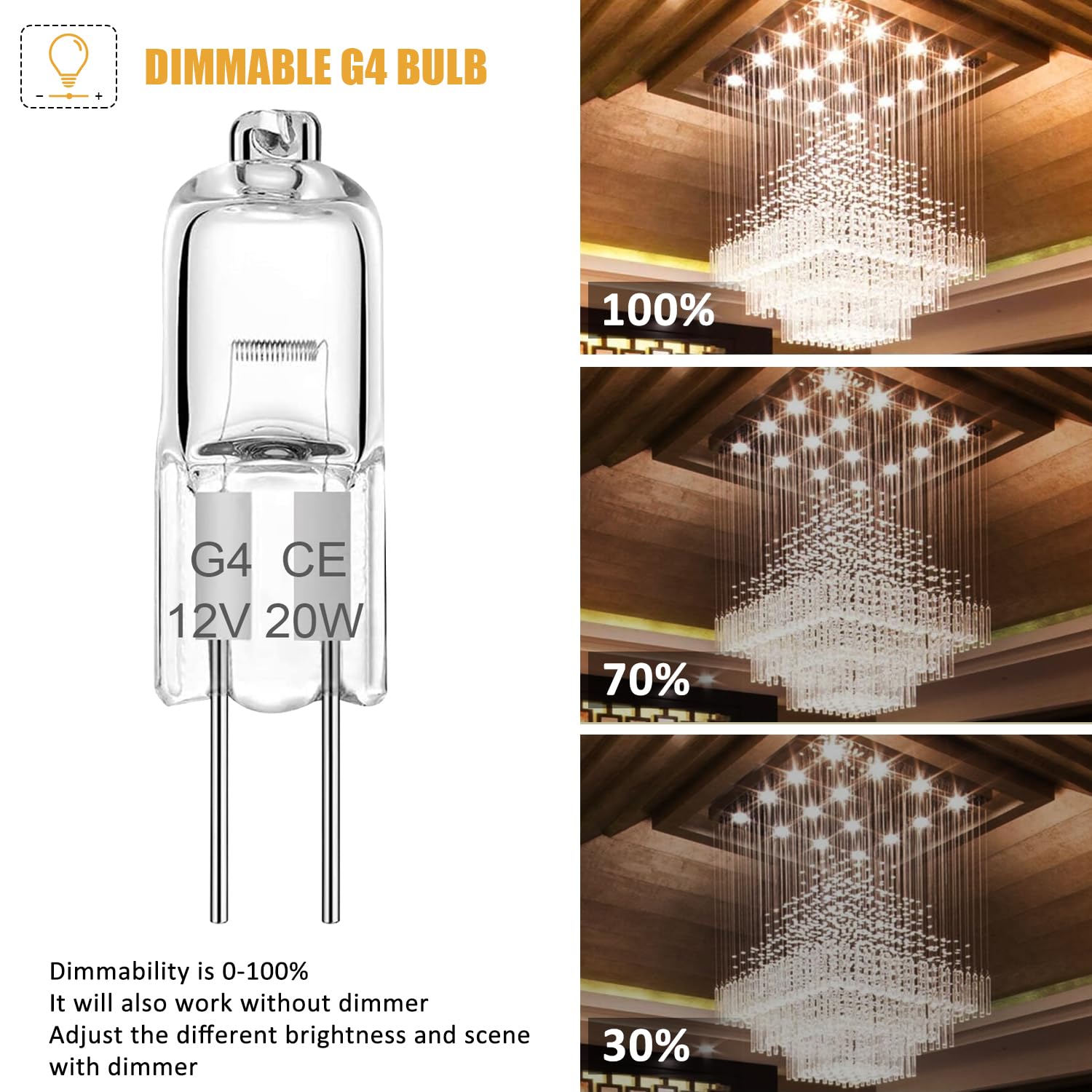 G4 Halogen Light Bulbs 20W 12V Clear Capsule Halogen Light Bulb 2 Pin Warm White 2700K Dimmable, Bi-Pin G4 Base For Landscape Li