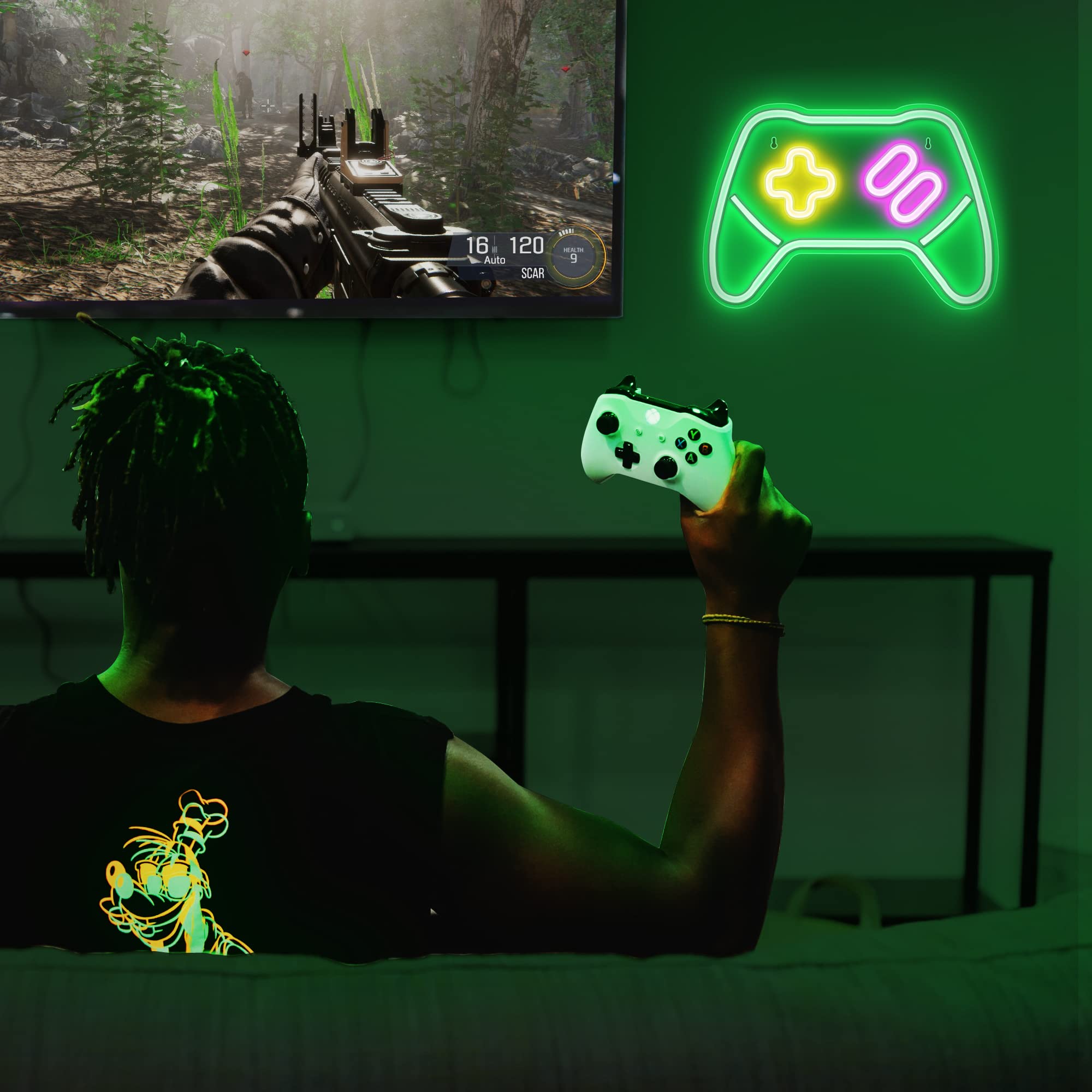 Lumoonosity Game Controller LED Neon Light - Gamepad Design, Green, Model NS-CTR GREEN, On/Off Switch for Bedroom & Game Room