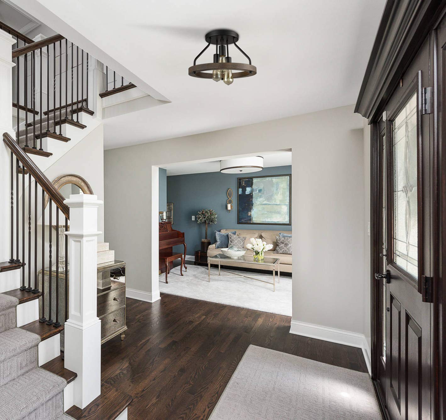 Claxy Farmhouse Flush Mount Ceiling Light Black Metal Lighting With Wood Grain Finish-3 Light