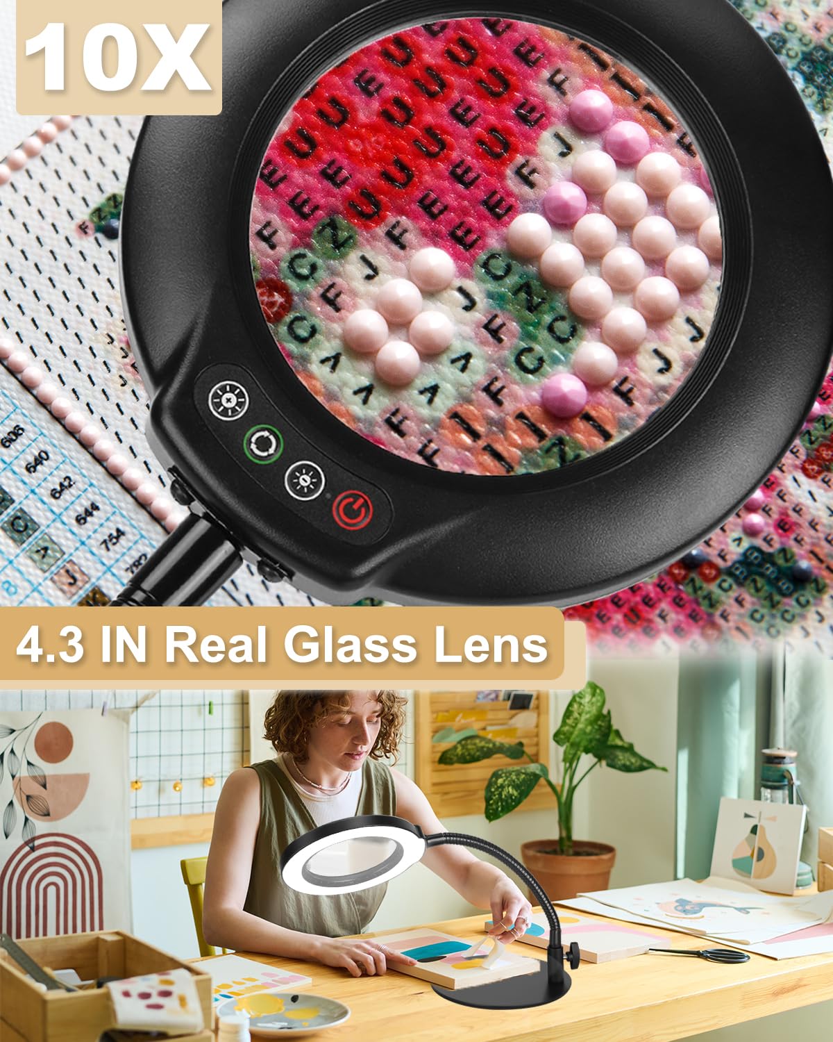 Veemagni 10X Magnifying Glass With Light, 5 Color Modes Stepless Dimmable Flexible Gooseneck Led Hands-Free Desk Lamp, Stand Lig