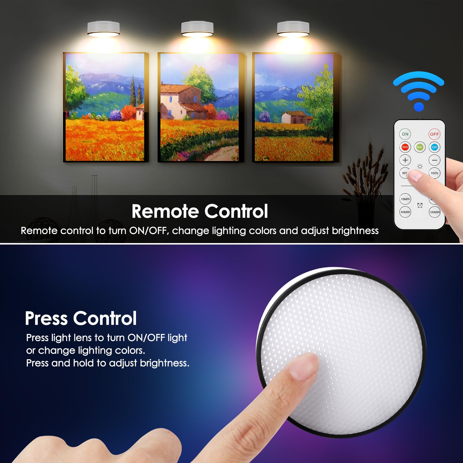 Arixinks 3Pcs Battery Picture Lights, Remote Painting Light For Art Disaplay,Magnetic Wall Picture Light Up/Down Light,Dimmable