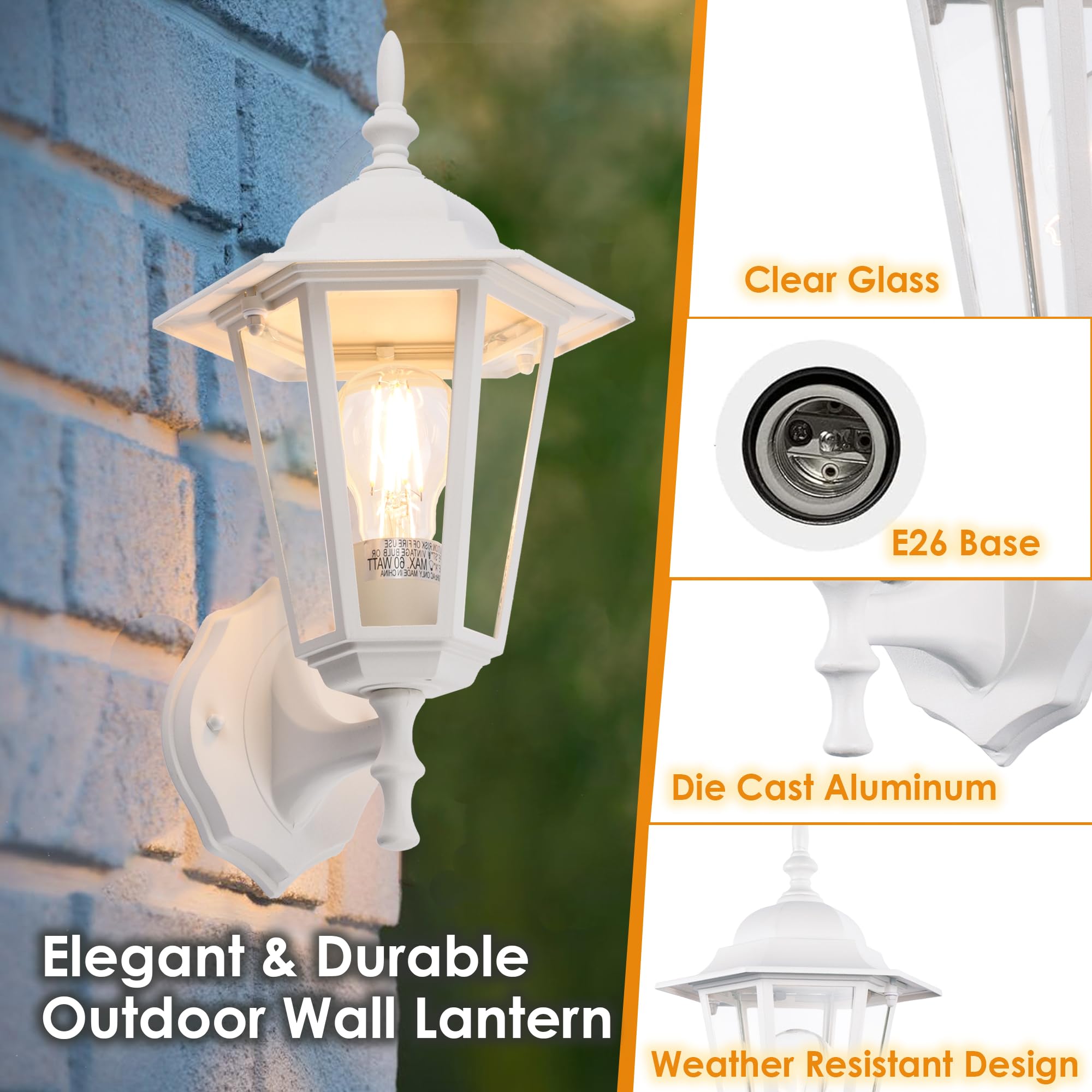 GRUENLICH Outdoor Wall Lantern, Aluminum Sconce, Waterproof, E26 Base, 14 Inch, White Finish, 2 Pack, Model GR-WL003-WT-2PK