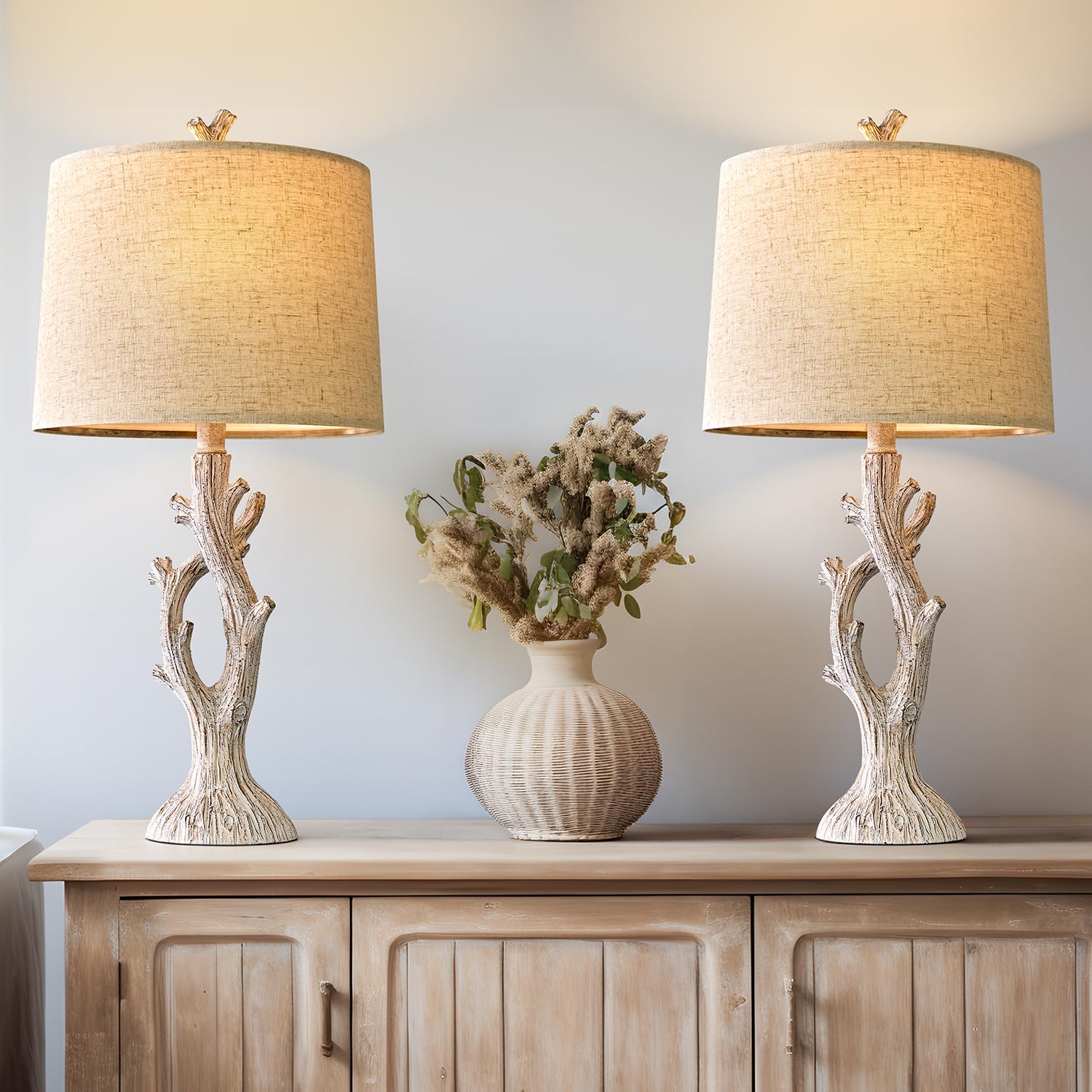 OYEARS Farmhouse Table Lamps Set of 2 for Living Room Bedroom Bedside Tree Lamp Nightstand End Table 25'' Lamps Vintage Natural 