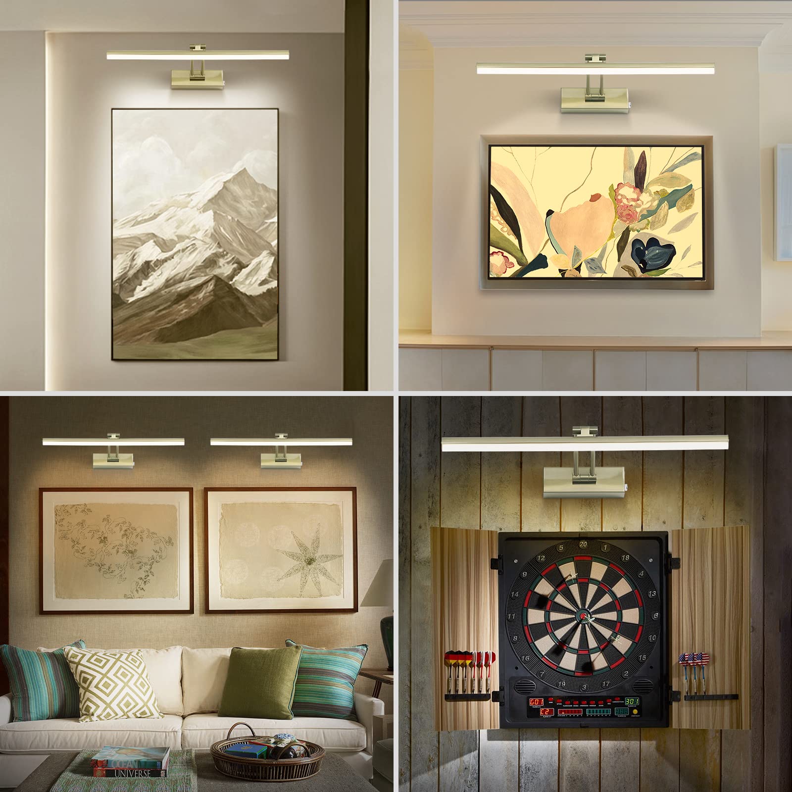 FUNCHDAY Wireless Picture Light, Dimmable, 16in Full Metal Art Light, Rechargeable, Antique Brass, Model FC80109AB