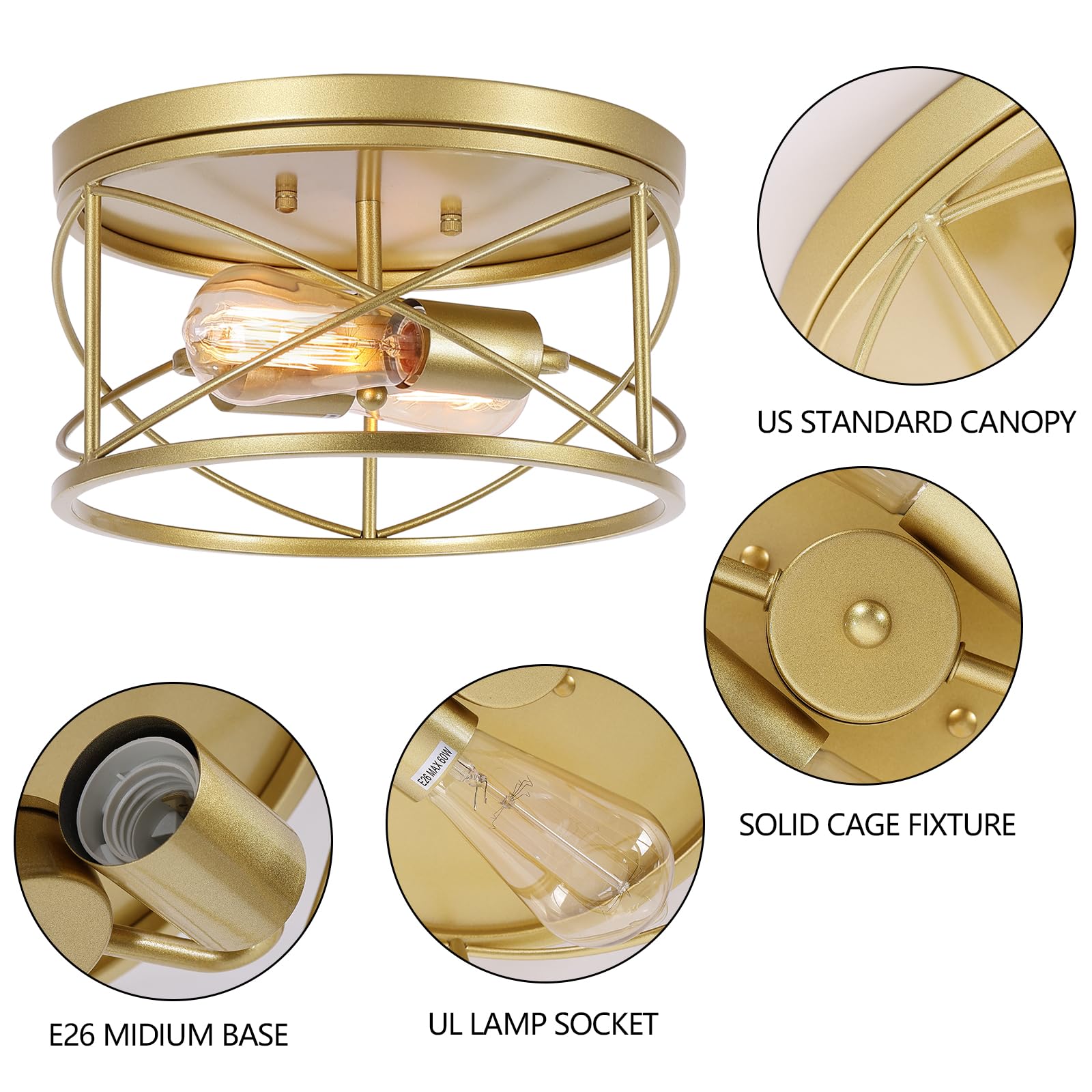 Weltrans Gold 2-Light Flush Mount Ceiling Light Fixture, Industrial Vintage Lamp For Home Decor