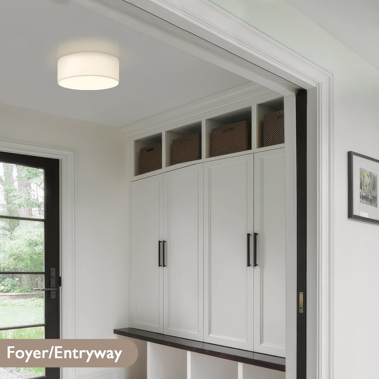 Calokes 18-Inch Large Flush Mount Ceiling Light Fixture With White Fabric Shade  Modern Drum Closed To Ceiling Lighting For Living Dining Room  Bedroom  Kitchen  Foyer - Farmhouse Lamp & Chandelier