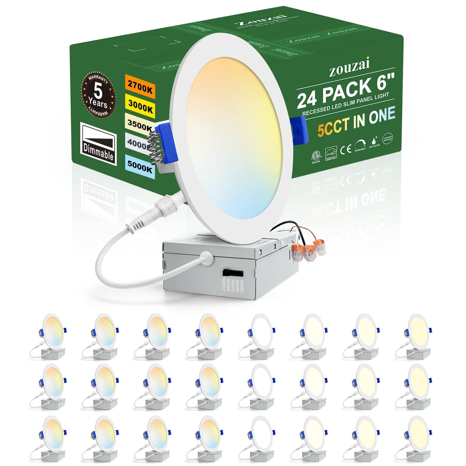 zouzai 24 Pack 6 Inch Ultra-Thin LED Recessed Ceiling Light with Junction Box 5CCT Adjustable Dimmable Can-Killer Downlight - ET