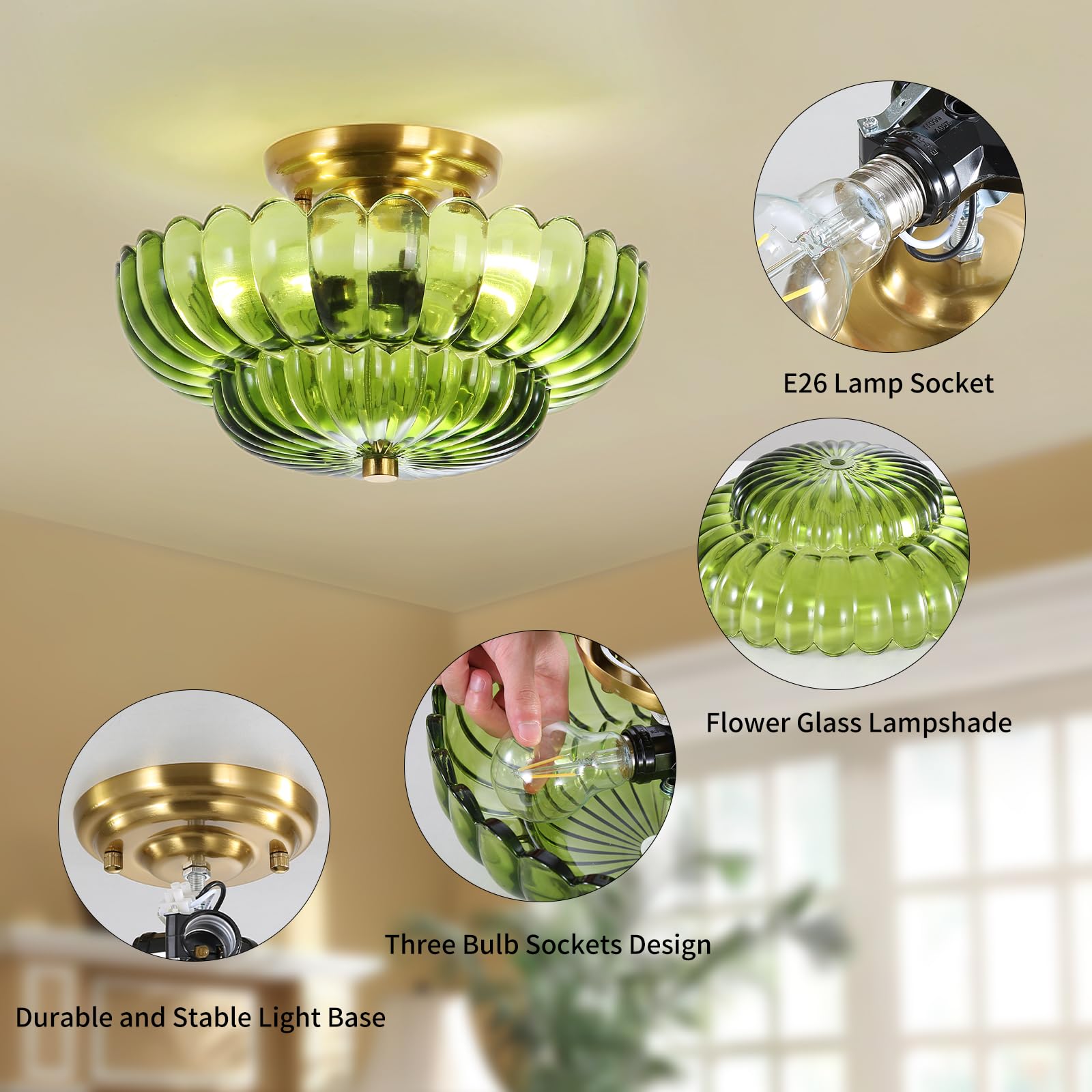 GloMuse Flush Mount Ceiling Light Modern Green Glass 3 Bulbs Brushed Brass