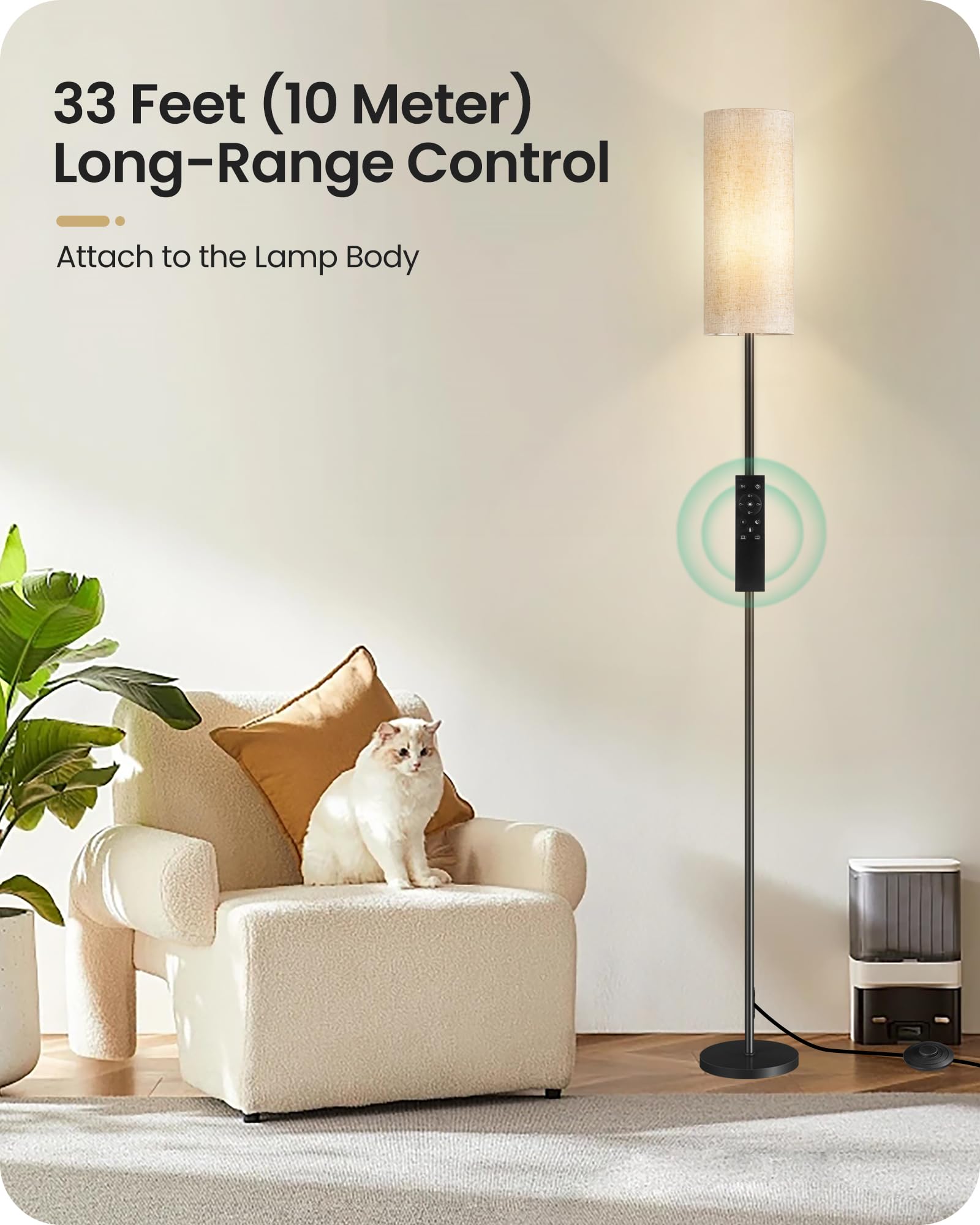 Goebleson Dimmable Floor Lamp With Remote, 66'' Linen Shade, 10W Led Bulb, Black & Beige