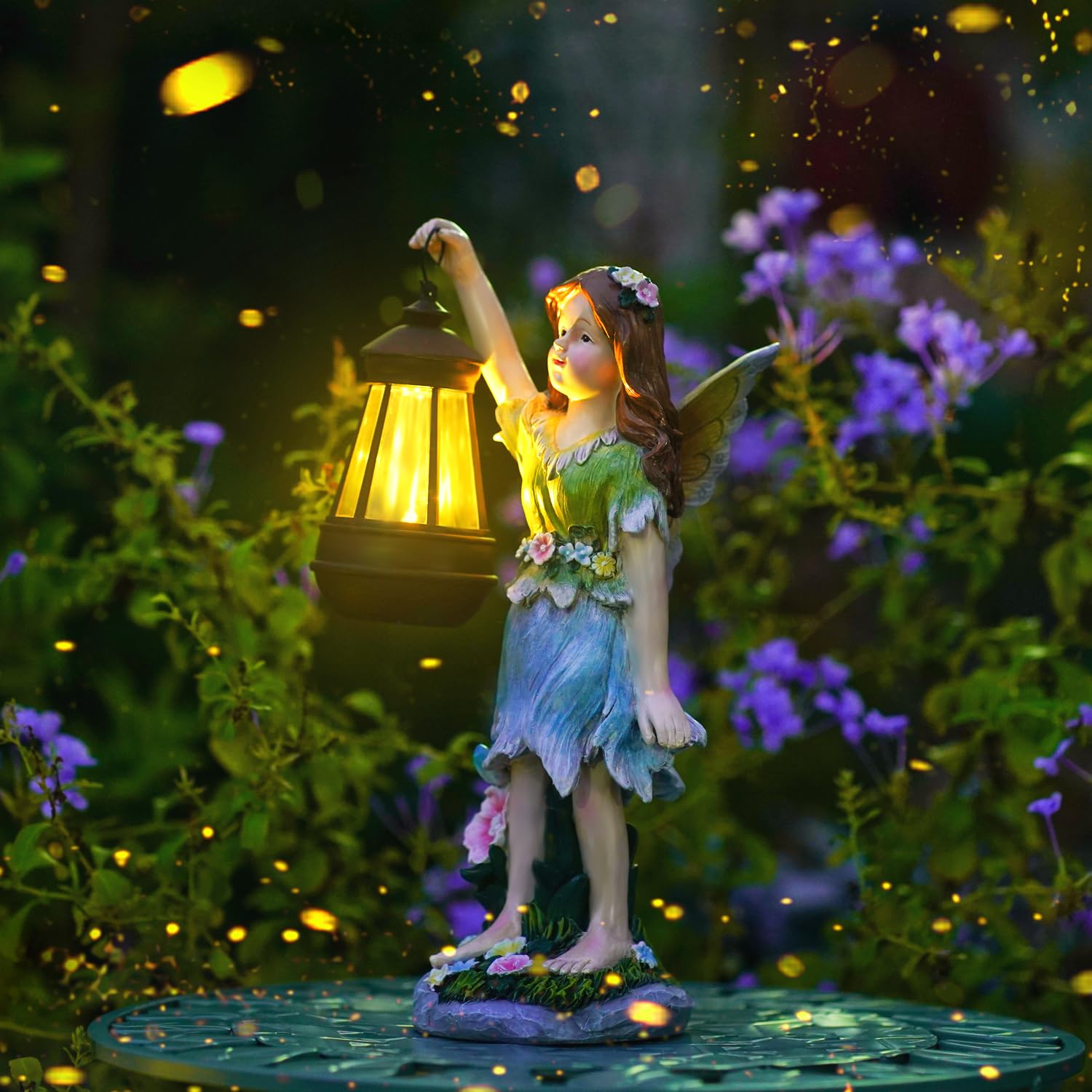 Pohabery Fairy Garden Statue Solar Garden Fairy with Lantern Light Outdoor Garden Decoration Waterproof Solar Garden Sculpture f