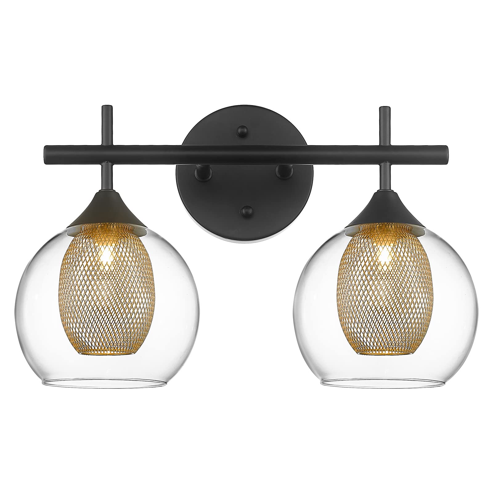 Audickic Black And Gold Bathroom Light Fixture, Farmhouse Wall Sconce Lighting With Clear Glass And Honeycomb Metal Shade, 2-Lig