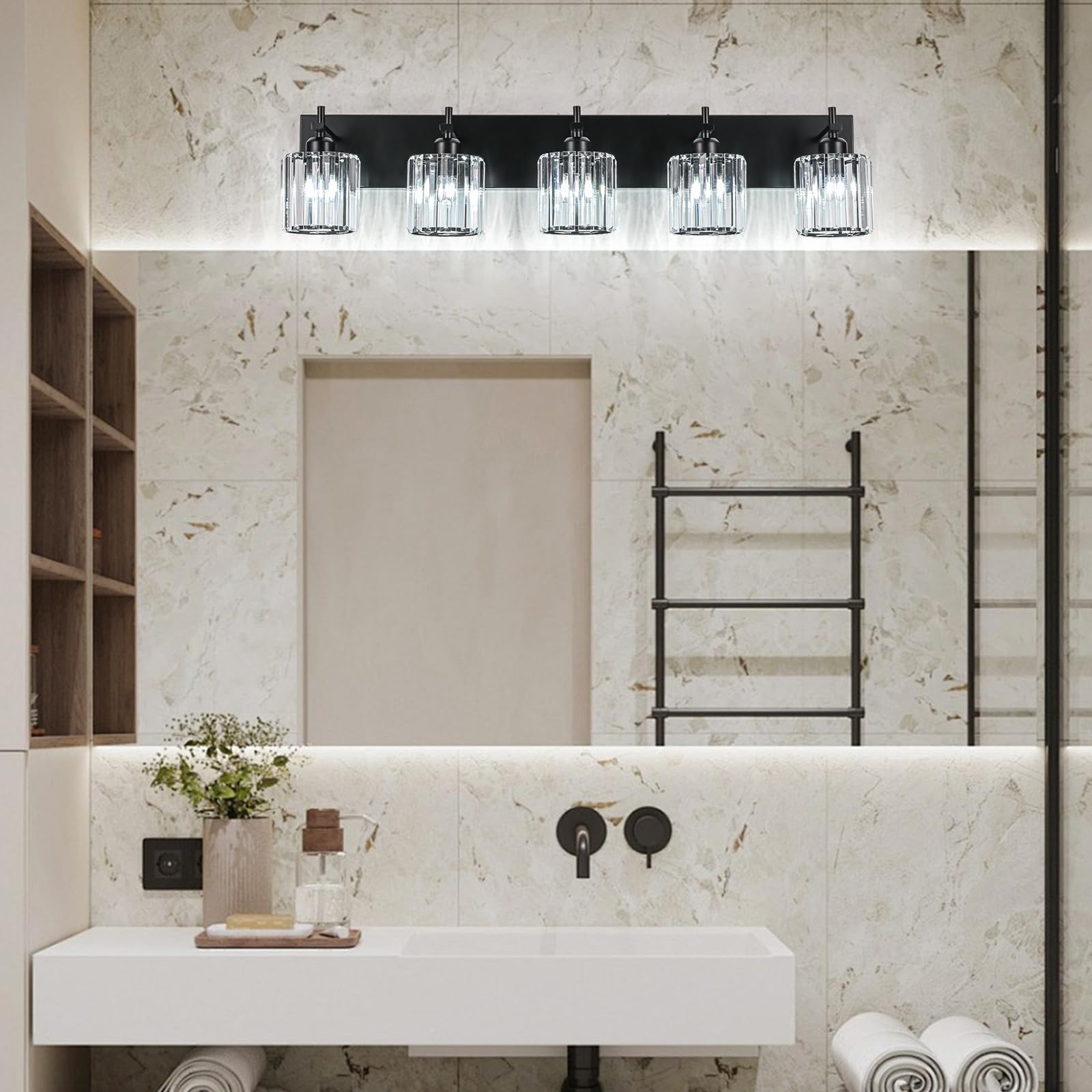 HUOKU Black Crystal Bathroom Vanity Lights, 5-Light Modern Fixture Over Mirror, Metal & Crystal, Round Shade