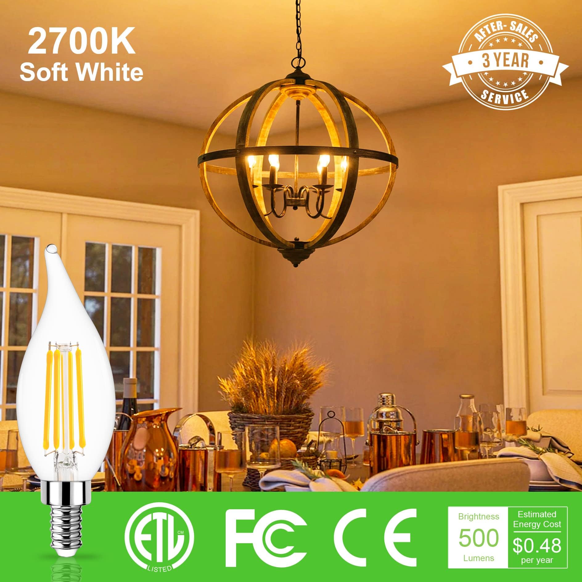 Sailstar Dimmable E12 Led Bulb 60 Watt Equivalent, Soft White 2700K, 500 Lumens, Candelabra Led Light Bulbs 4W, Ca10 Flame Tip C