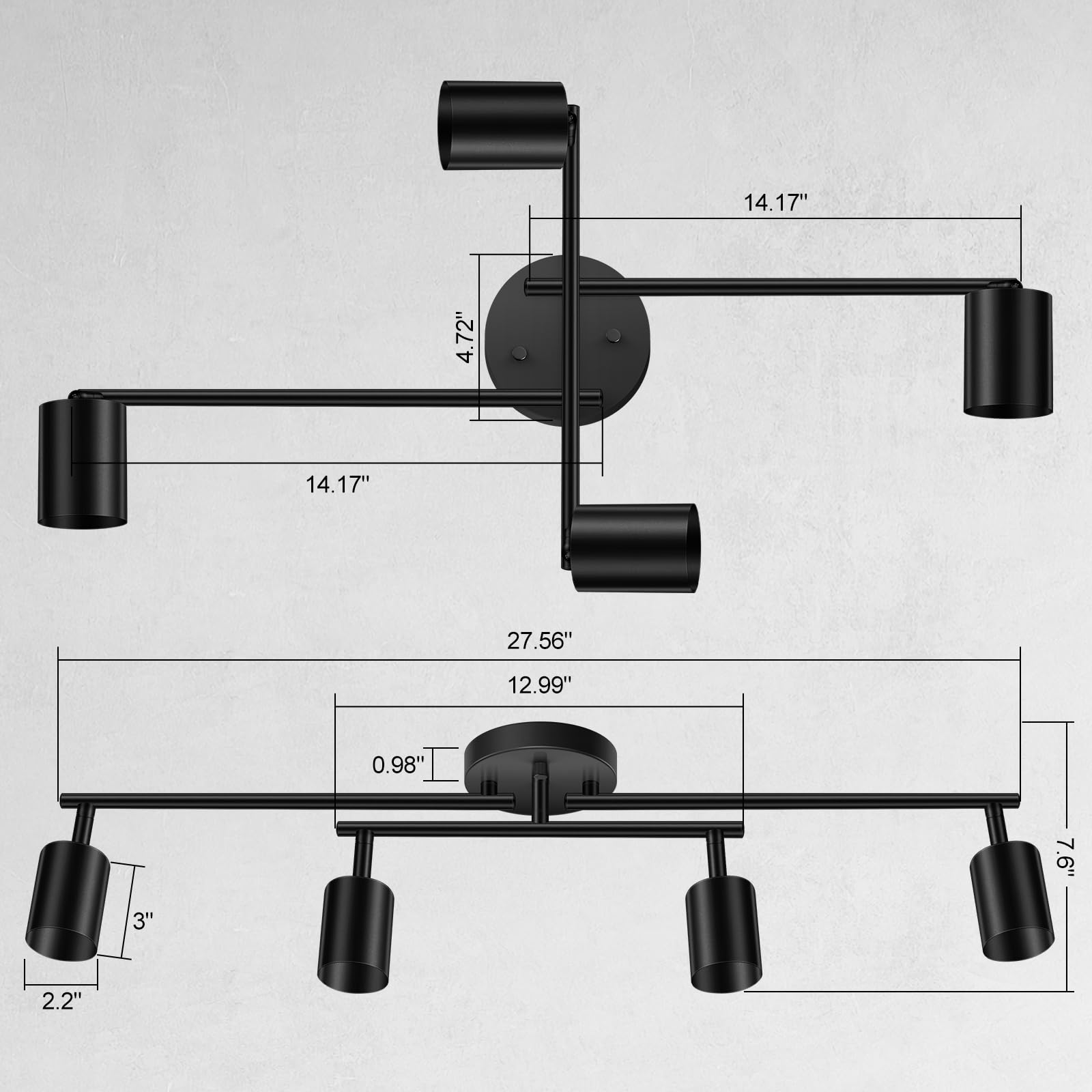 Boostarea 4 Light Track Lighting Kit, Black 4 Way Ceiling Spot Lighting, Center Swivel Track Light Heads, Flexibly Rotatable Lig
