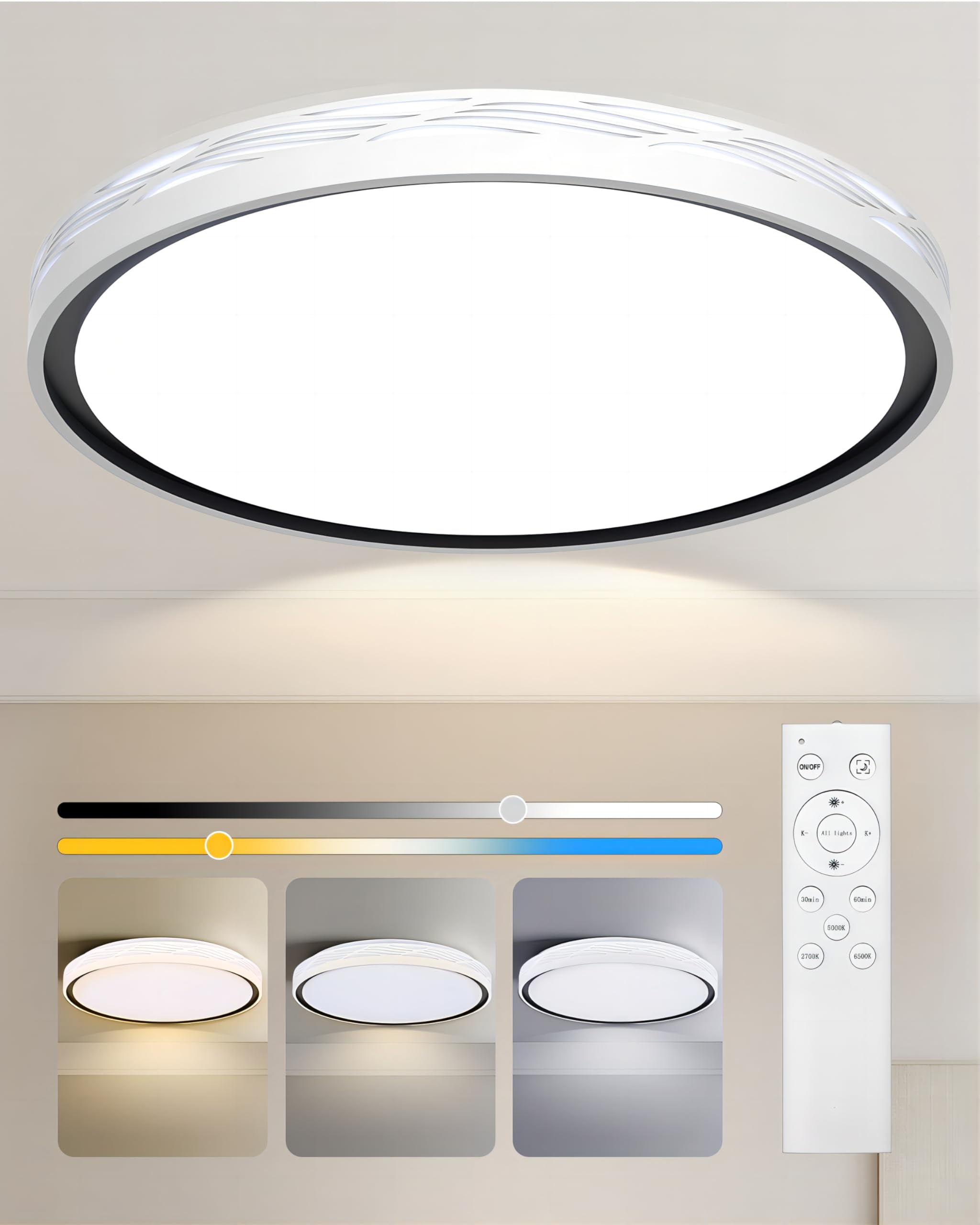 Fcpvhoy 20 Inch Large Led Flush Mount Ceiling Light, 2700K-6500K Dimmable Led Ceiling Light Fixture With Remote, 70W 8900Lm Roun