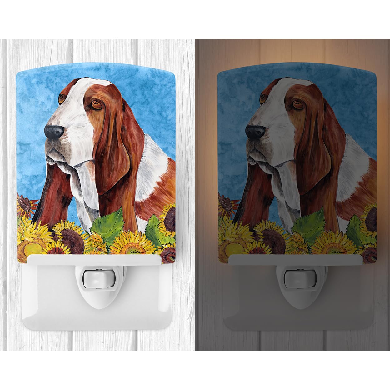 Caroline'S Treasures Sc9066Cnl Basset Hound In Summer Flowers Ceramic Night Light Compact, Ul-Certified, Ideal For Bedroom, Bathroom, Nursery, Hallway, Kitchen, 6X4X3, Multicolor