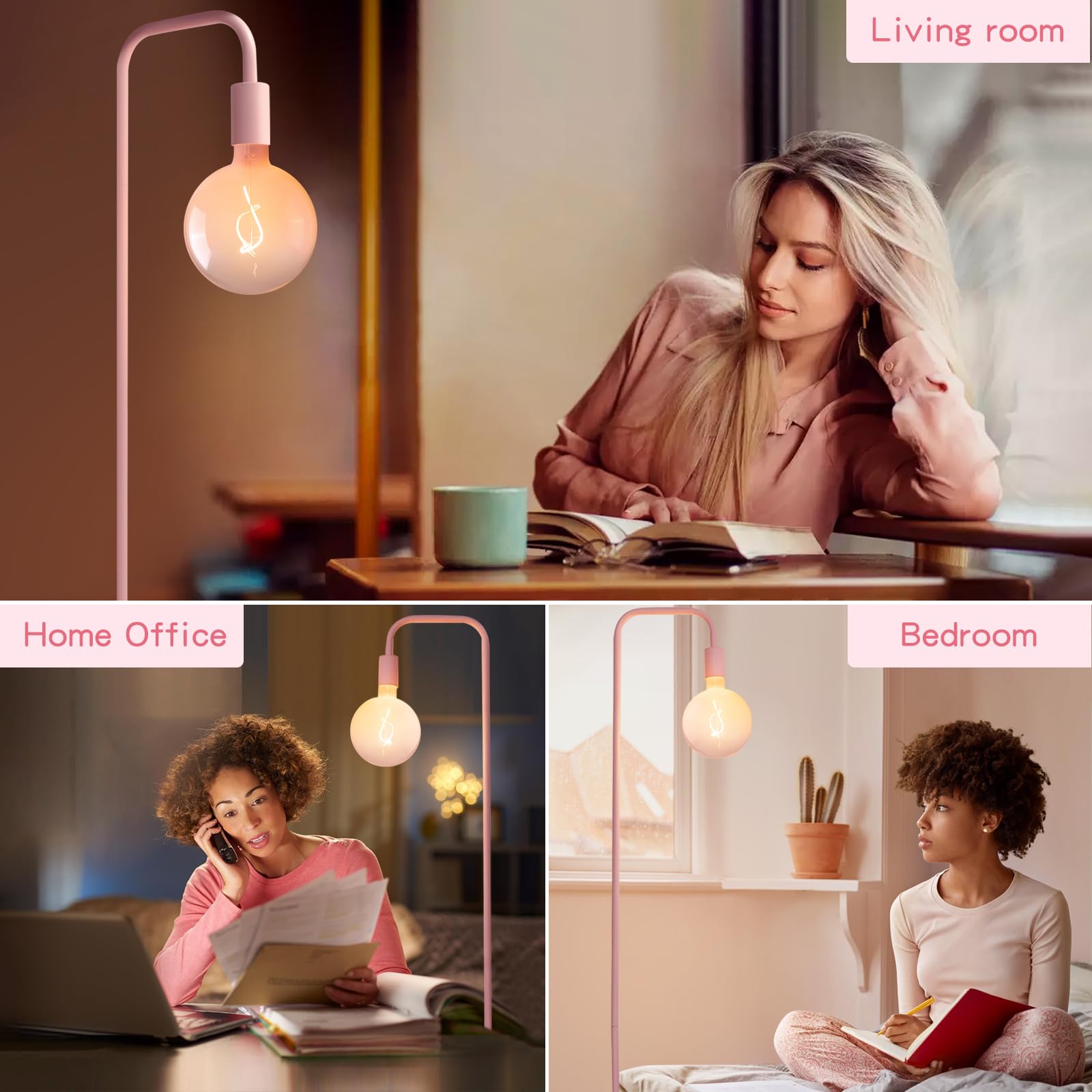 Onewish Pink Floor Lamp For Bedroom, Cute Standing Lamp With Led Bulb, Translucent Pink Globe Glass 2700K Warm Lighting. Globe F