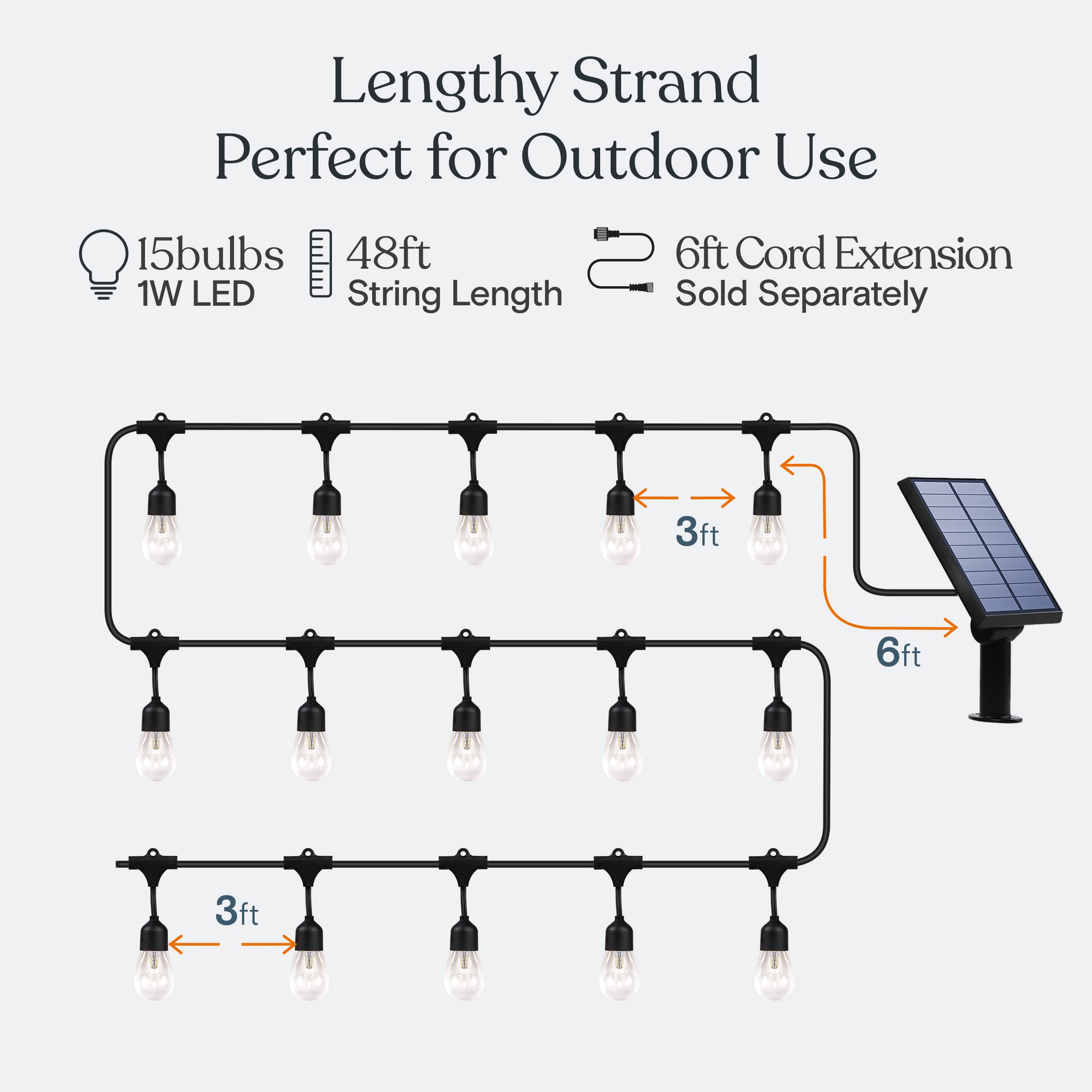 Brightech Ambience Pro Solar String Lights, 48ft, 15 Edison Bulbs, Waterproof, Black/Clear, Model SLR-48HG-WW