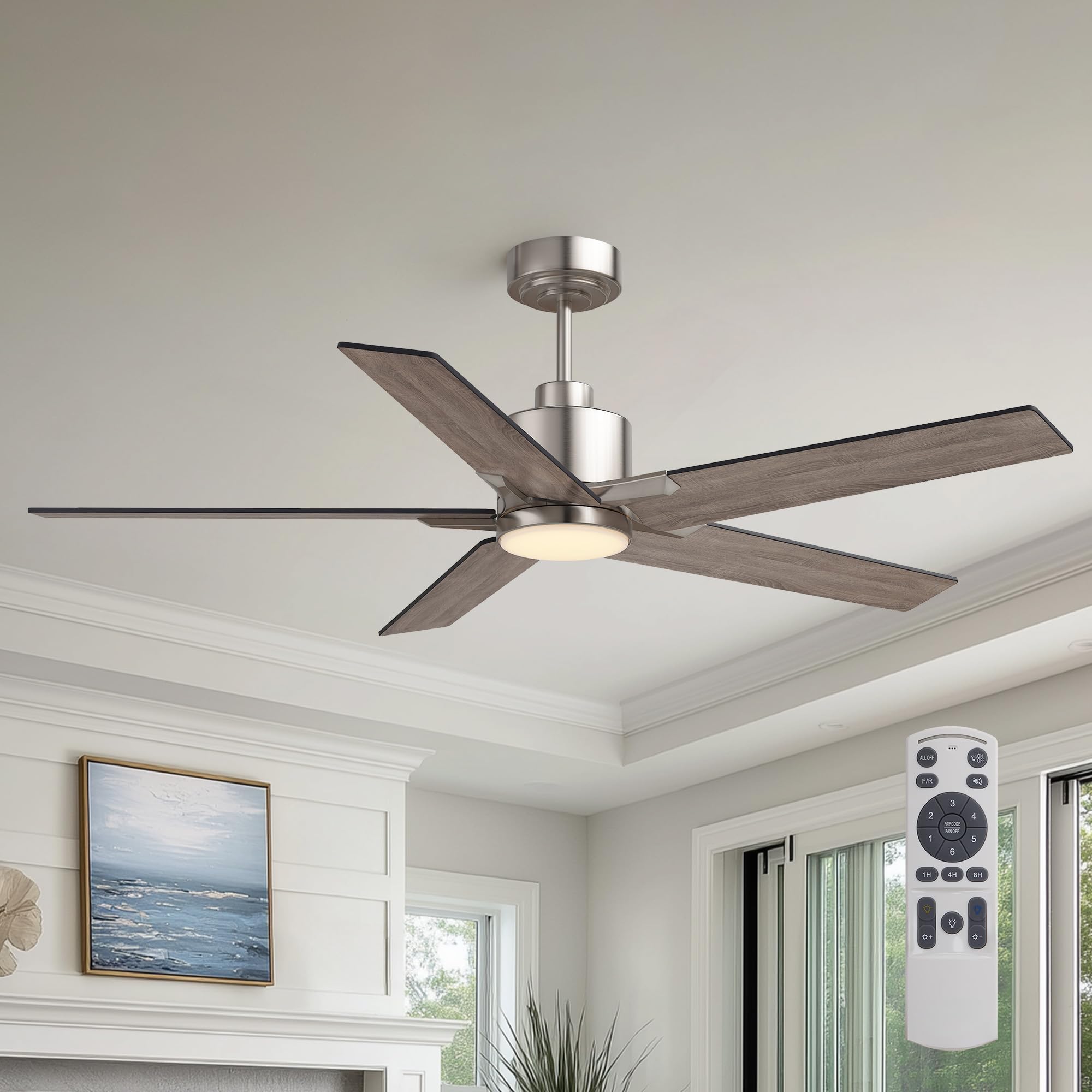 Nuoqiso 52 Inch Ceiling Fan with Lights, Remote Control, Quiet DC Motor, Dimmable LED, Nickel Finish, Model FS-8921-father