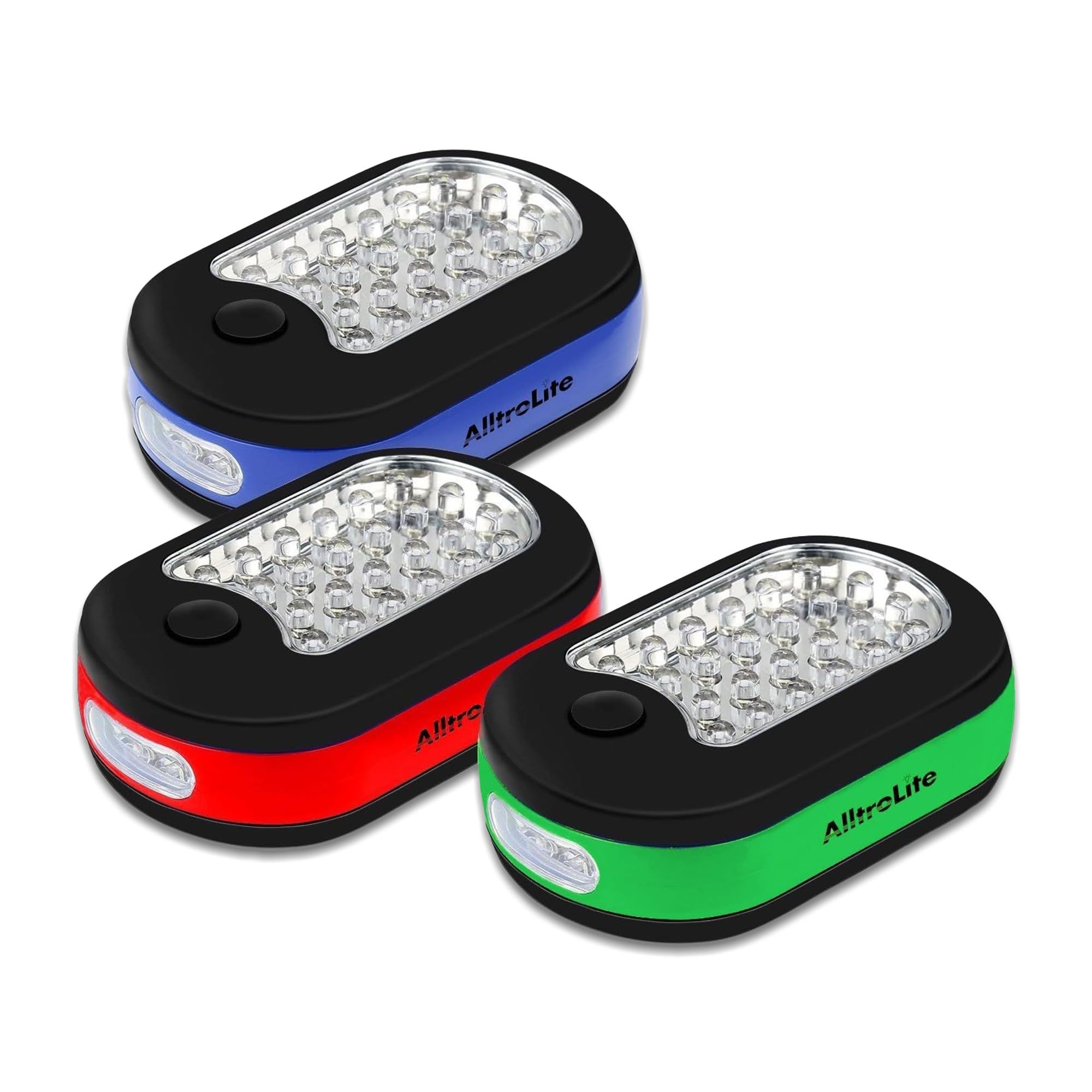 AlltroLite 3-Pack LED Work Light | Portable Magnetic Work Light with Rotatable Hook, Magnetic Back & Push Button | Battery Opera