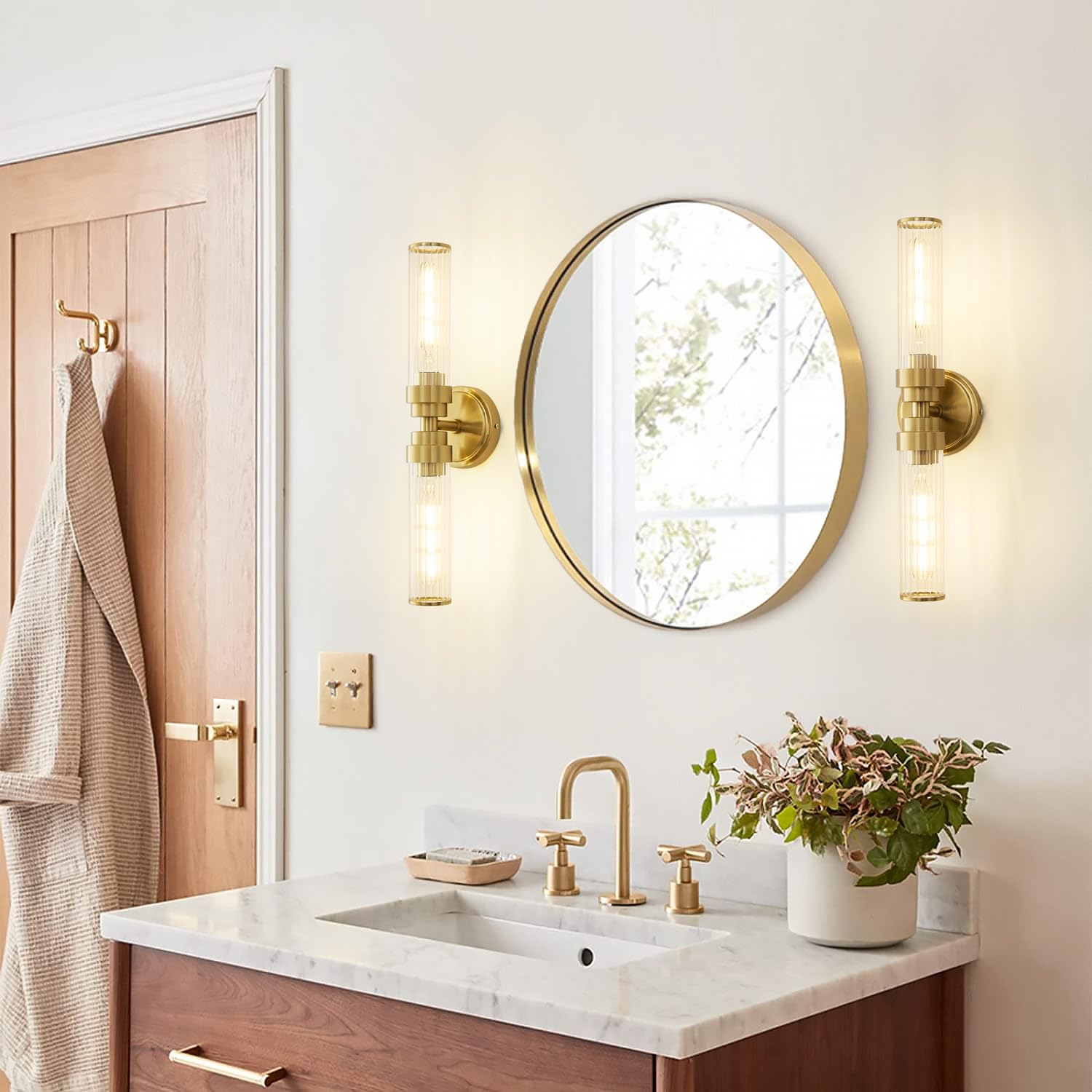 Vaziden Gold Threaded Glass Bathroom Light Fixtures, Modern Wall Sconce, Up & Down Lighting for Vanity, Living Room - Bulb Not Included