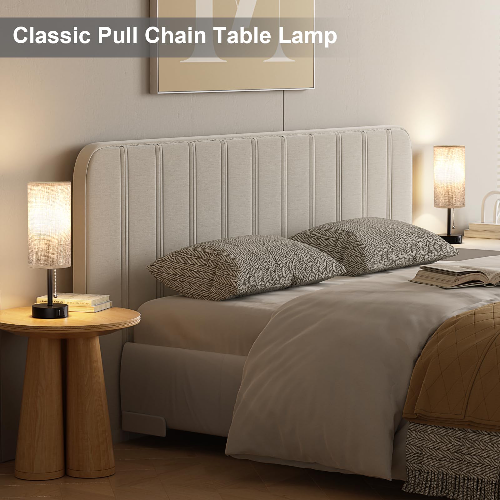 Grey Bedside Lamp For Bedroom Nightstand - Small Table Lamp With Usb A + C Charging Port, 3 Color Temperatures Pull Chain Night