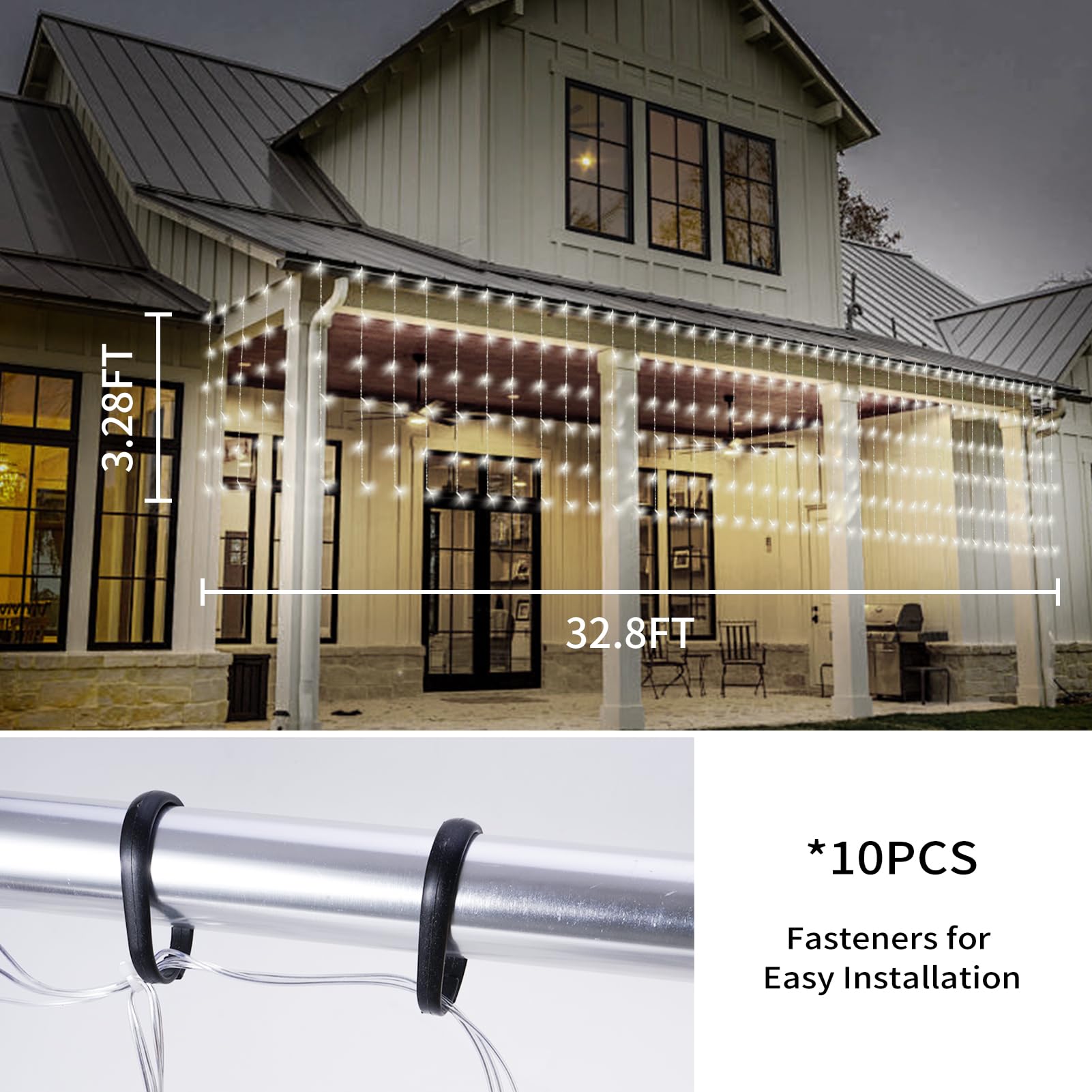 32.8 * 3.28FT Large Size Solar Curtain Lights Outdoor, 8 Modes Outdoor Solar String Icicle Lights, Solar Garden Christmas Lights