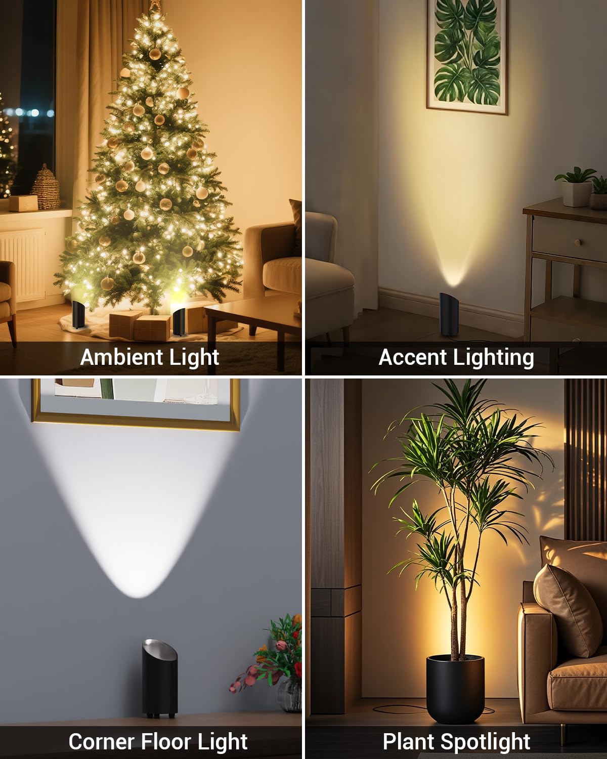Abovizo LED Floor Can Lights 2 Pack - Dimmable Indoor Uplighting, Remote, Timer, 3 Color Temps, Black, Metal, Model AB00/07M