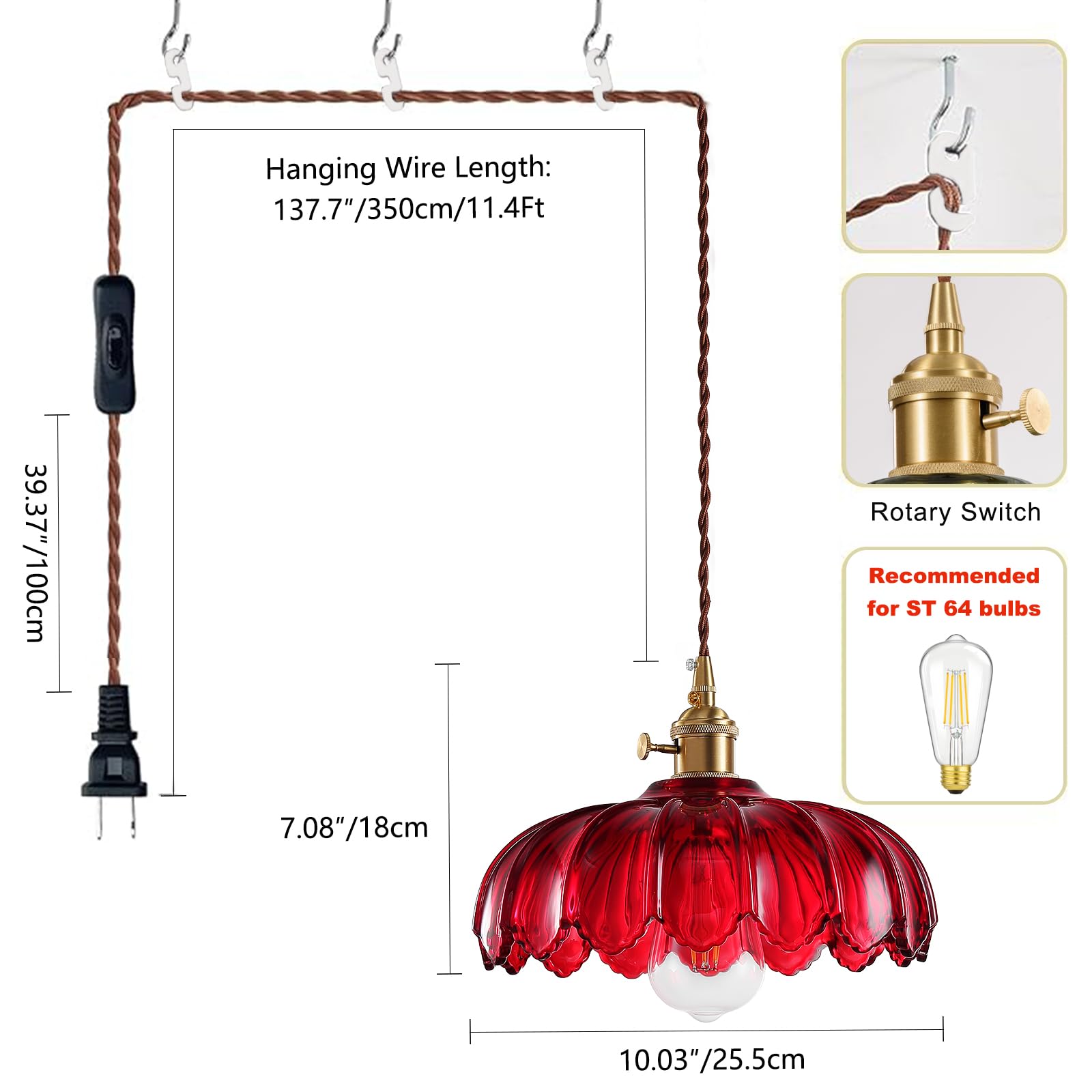 XZHGCEE Plug-in Pendant Light, Red Glass Hanging Lamp, E26 Compatible, Model 6202401, Ideal for Kitchen, Bedroom, Dining Room, Living Room