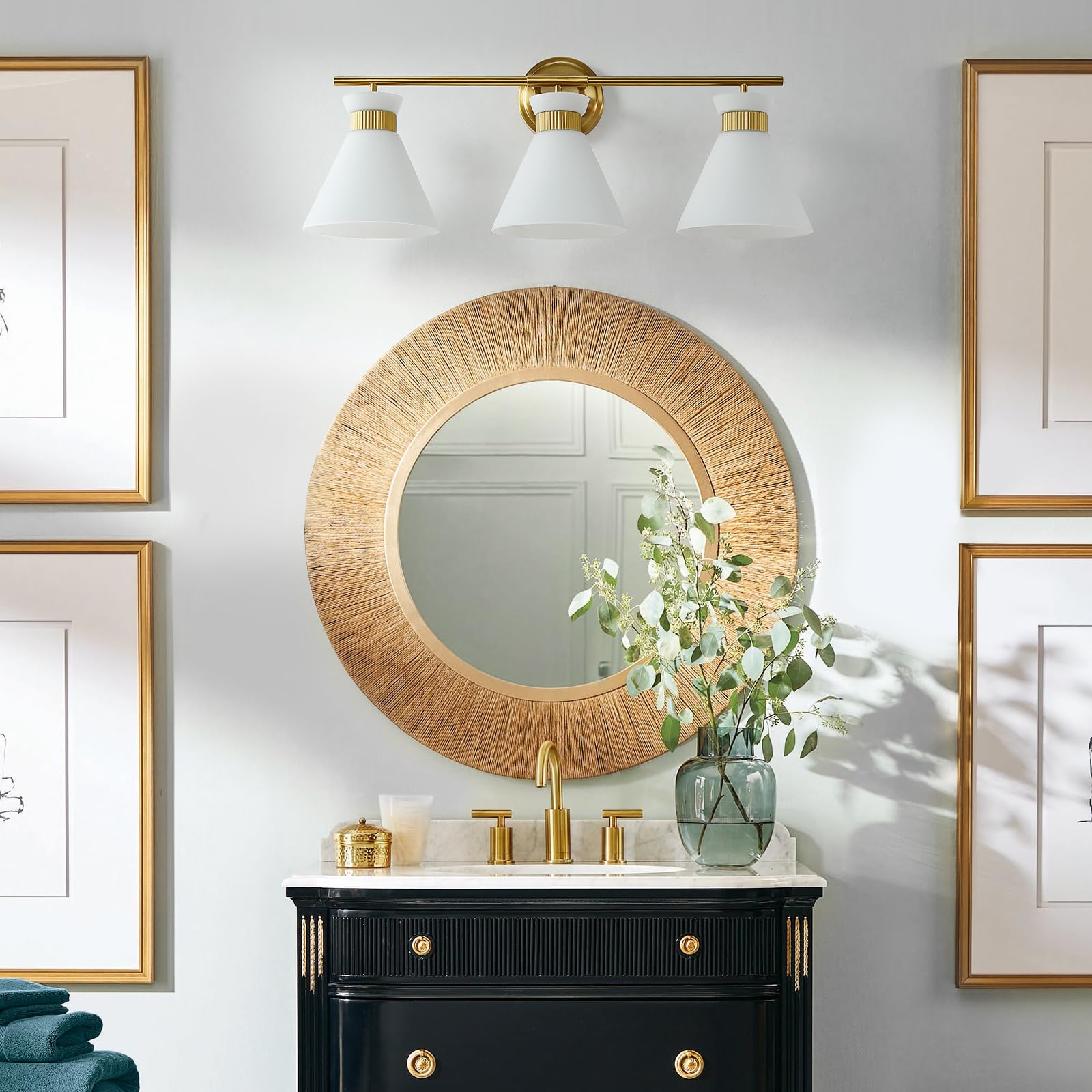 WOSHITU 3-Light Bathroom Vanity Light Fixture, Brushed Gold Metal Sconce with Frosted Glass Shade, Model 8090ML-03GD-US