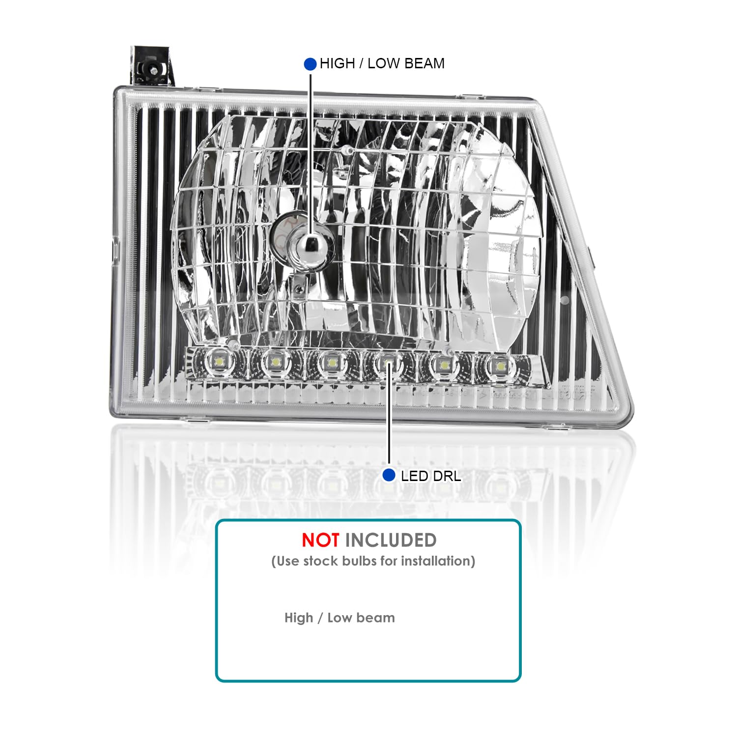 SPEC-D TUNING SMD LED Headlights for 1992-2006 Ford Econoline Van - Chrome Housing, Clear Lens, Model LH-ECON92-R, L+R Pair