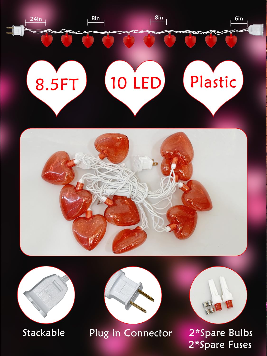 Sunsgne Red Heart String Lights Valentines Lights, 8.5Ft Plug In Fairy String Lights With 10 Led Red Heart Lights For Indoor Out