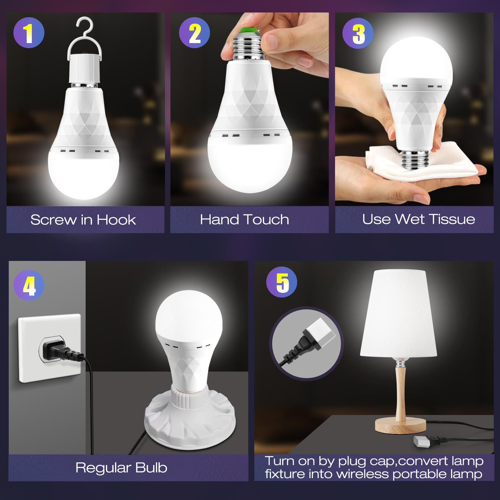 Lhzheng Emergency-Rechargeable-Light-Bulb, Stay Lights Up When Power Failure, 1500Mah 12W 60W Equivalent Led Light Bulbs For Hom