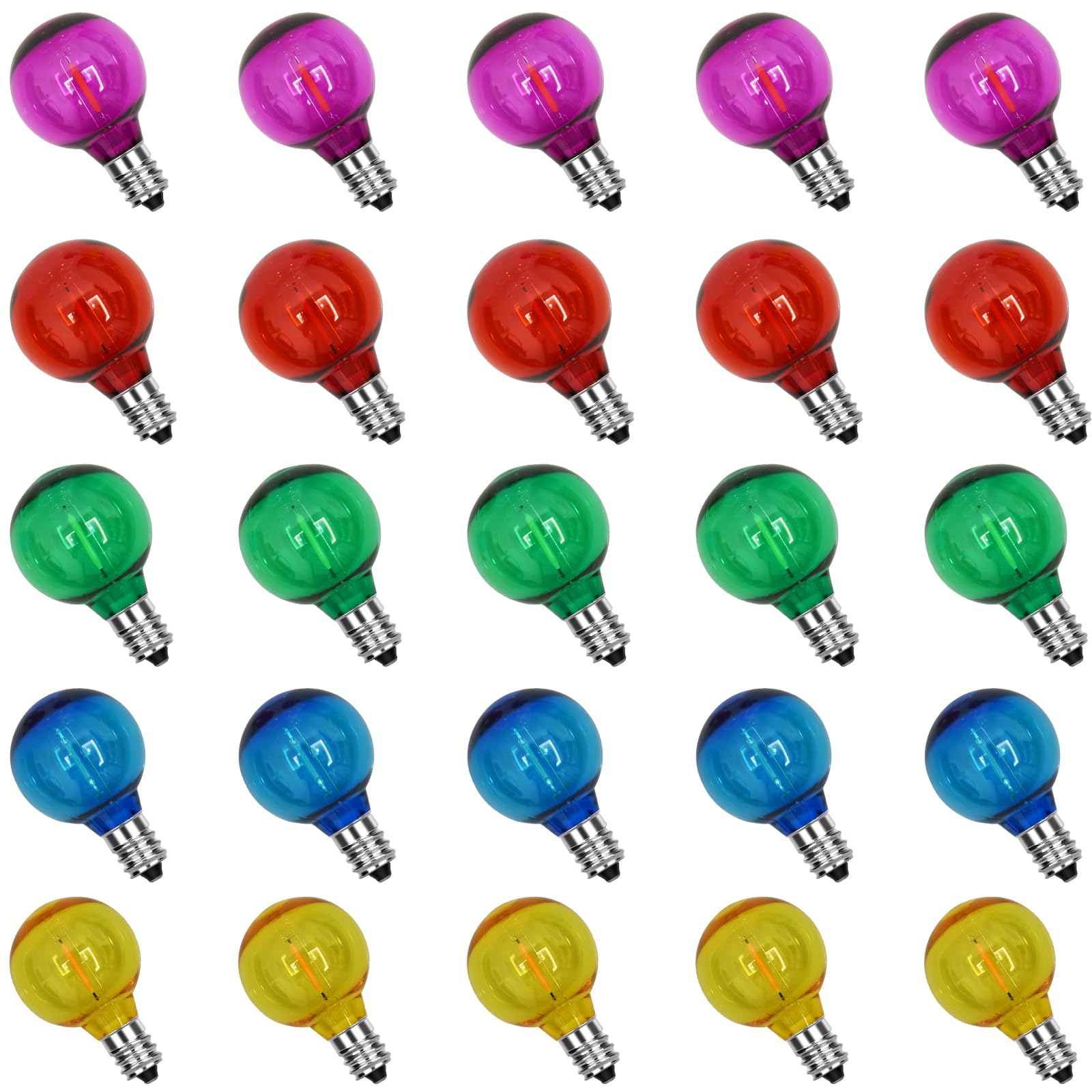 Doratale G40 LED Light Bulbs 25 Pack, 1 Watt E12/C7, Shatterproof, Multicolor, Indoor/Outdoor