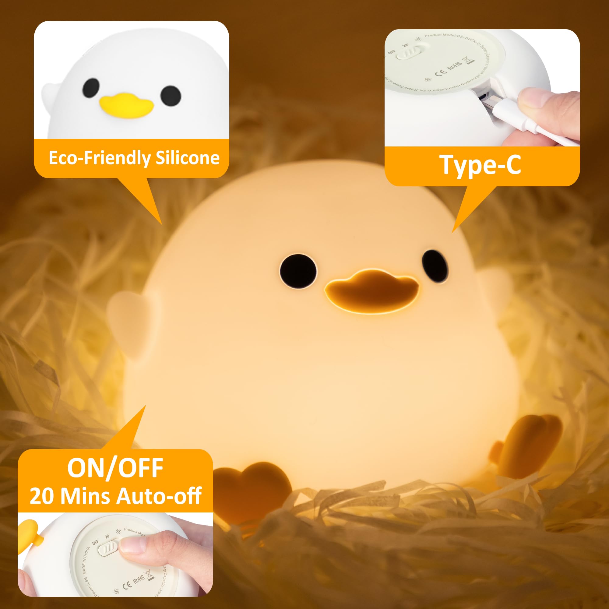 Attivolife Dodo Duck Night Light, Animal Silicone Nursery Lamp With Dimmable, Table Bedside Lamp With Timer For Bedroom, Kawaii