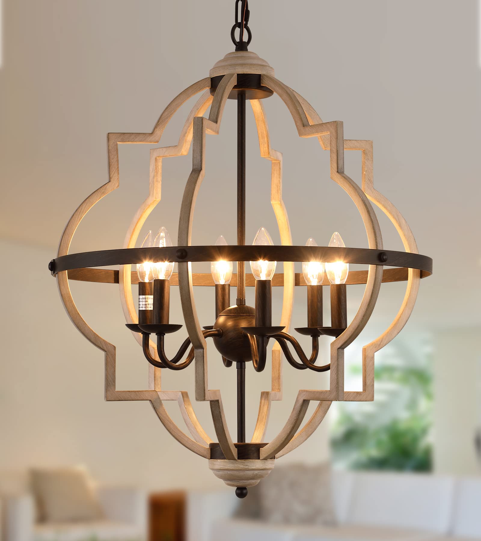 Q&S Rustic Antique Orb Chandelier, 6-Light Oak White Iron Ceiling Fixture For Foyer, Dining Room, Kitchen, Living Room