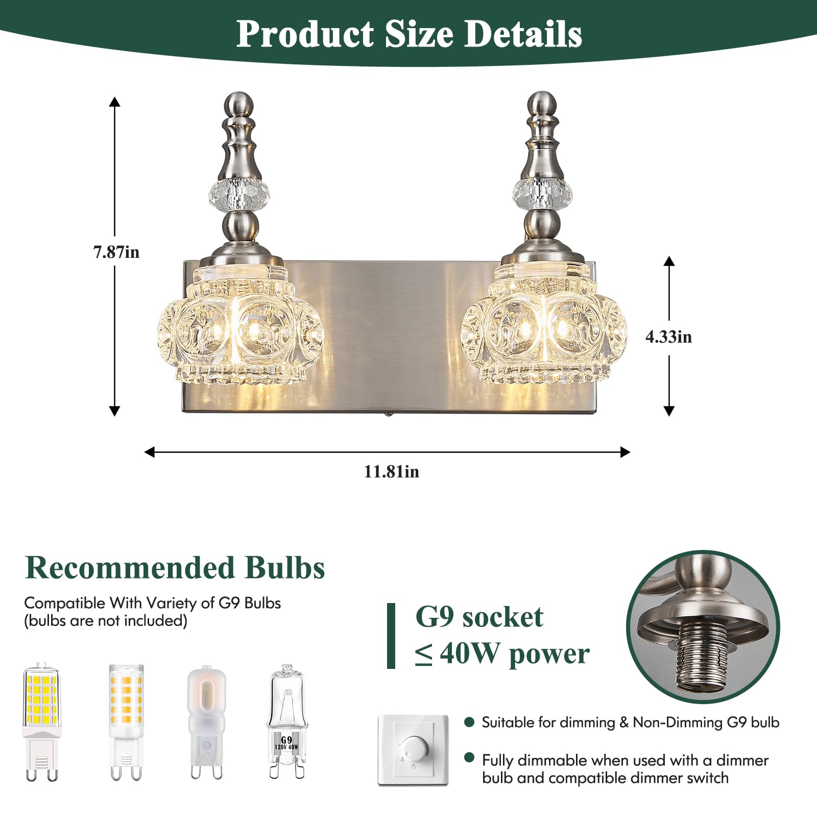 Lbsqj Modern Glass Crystal Vanity Light - Vintage Bathroom Lighting Fixtures Over Mirror  2 Light Vanity Lights G9 Bulb (11.81 Inch  Nickel)
