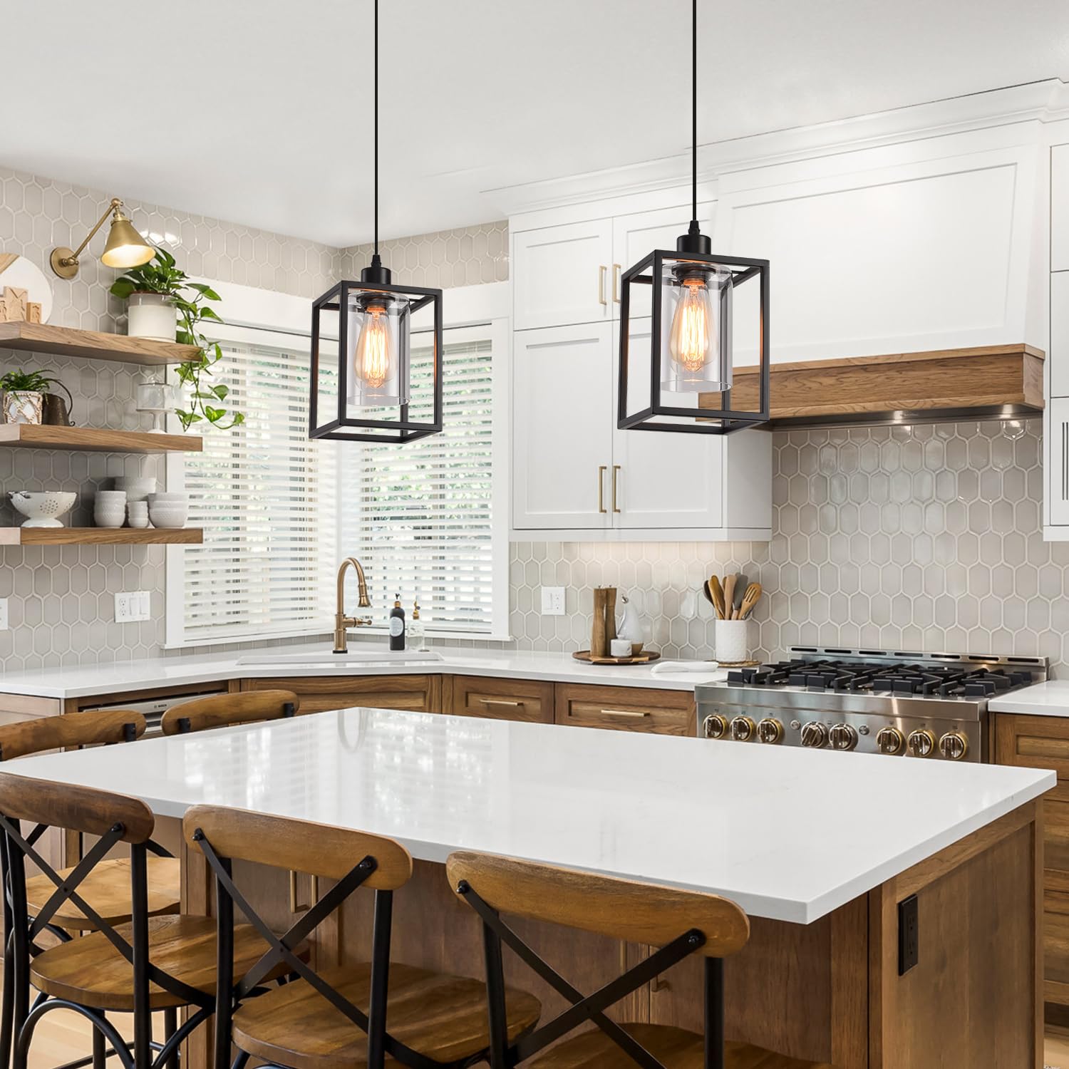 AOJUNSANSAN Black Pendant Light Fixture, Metal Glass, Adjustable Height, Industrial Lantern for Kitchen Island, Model AJ-P201