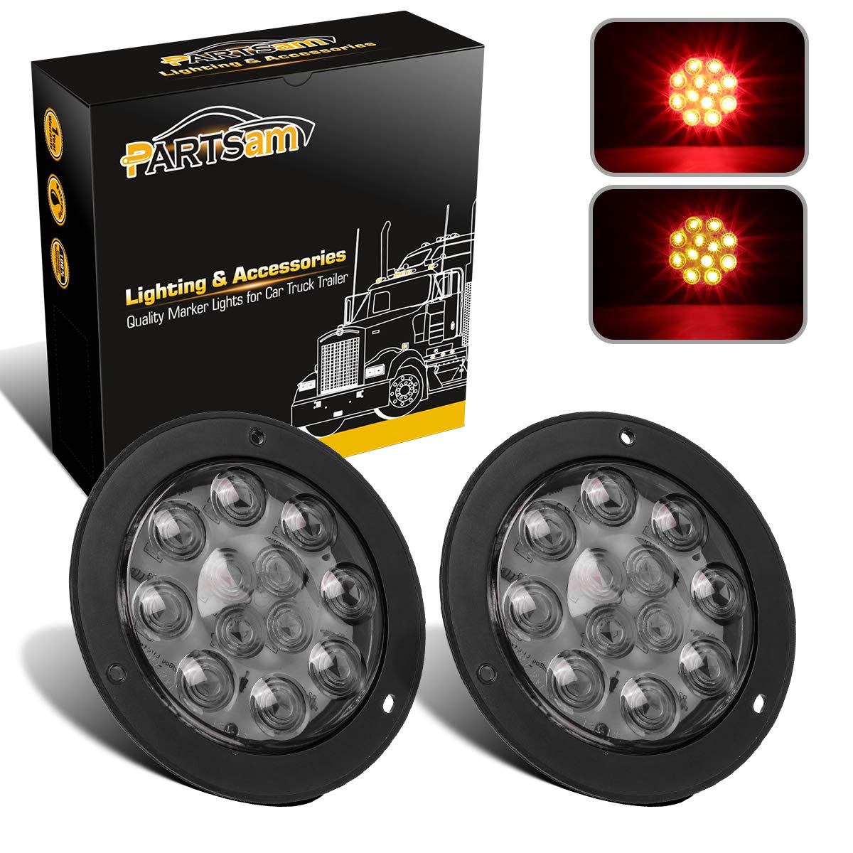 Partsam 2Pcs 4 Inch Round Red Led Trailer Tail Lights Flange Mount Smoke Lens - 12 Red Led Turn Stop Brake Trailer Lights Waterp