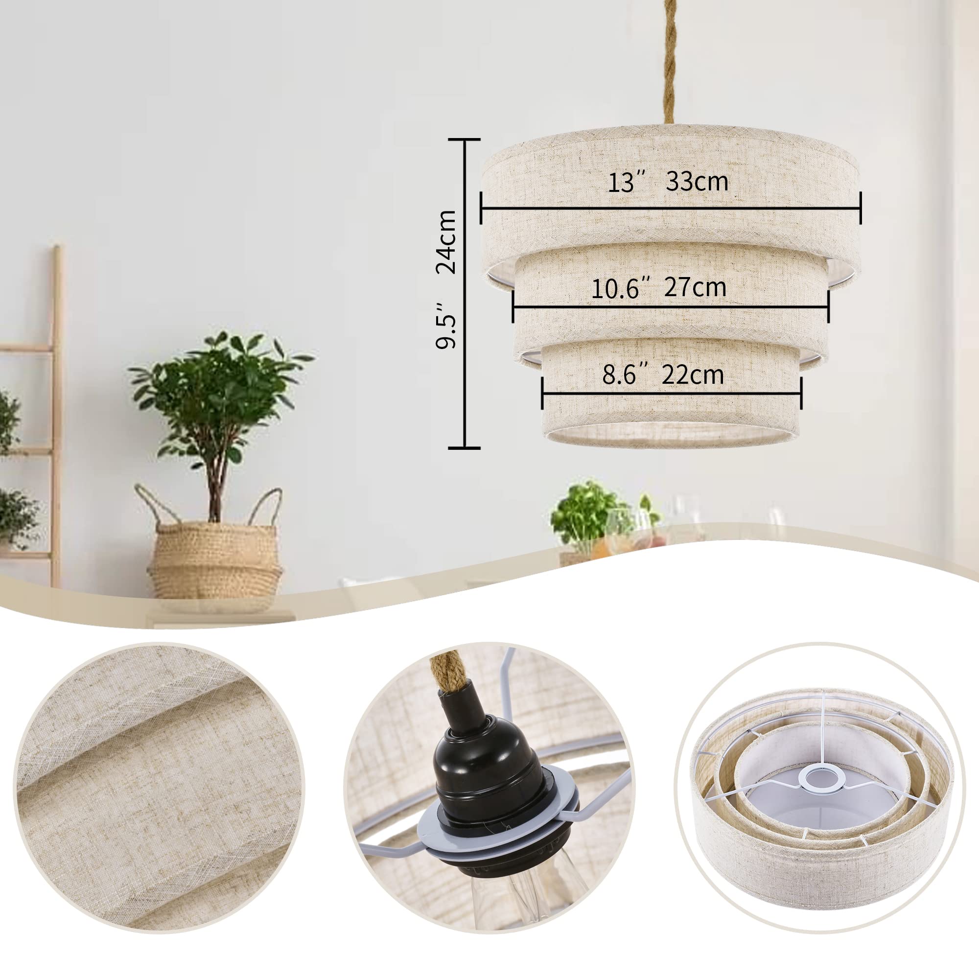 XININSUN 3-Tier Pendant Light with 15ft Hemp Rope Cord, E26 Dimmer Switch, Glass, Brown, Model 002