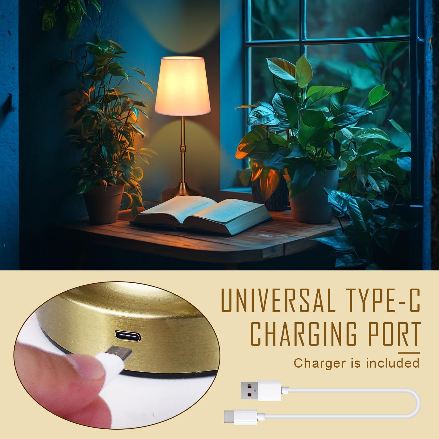 focondot Rechargeable LED Table Lamp - Wireless, Touch Control, Dimmable, Metal, Bronze, Model N3