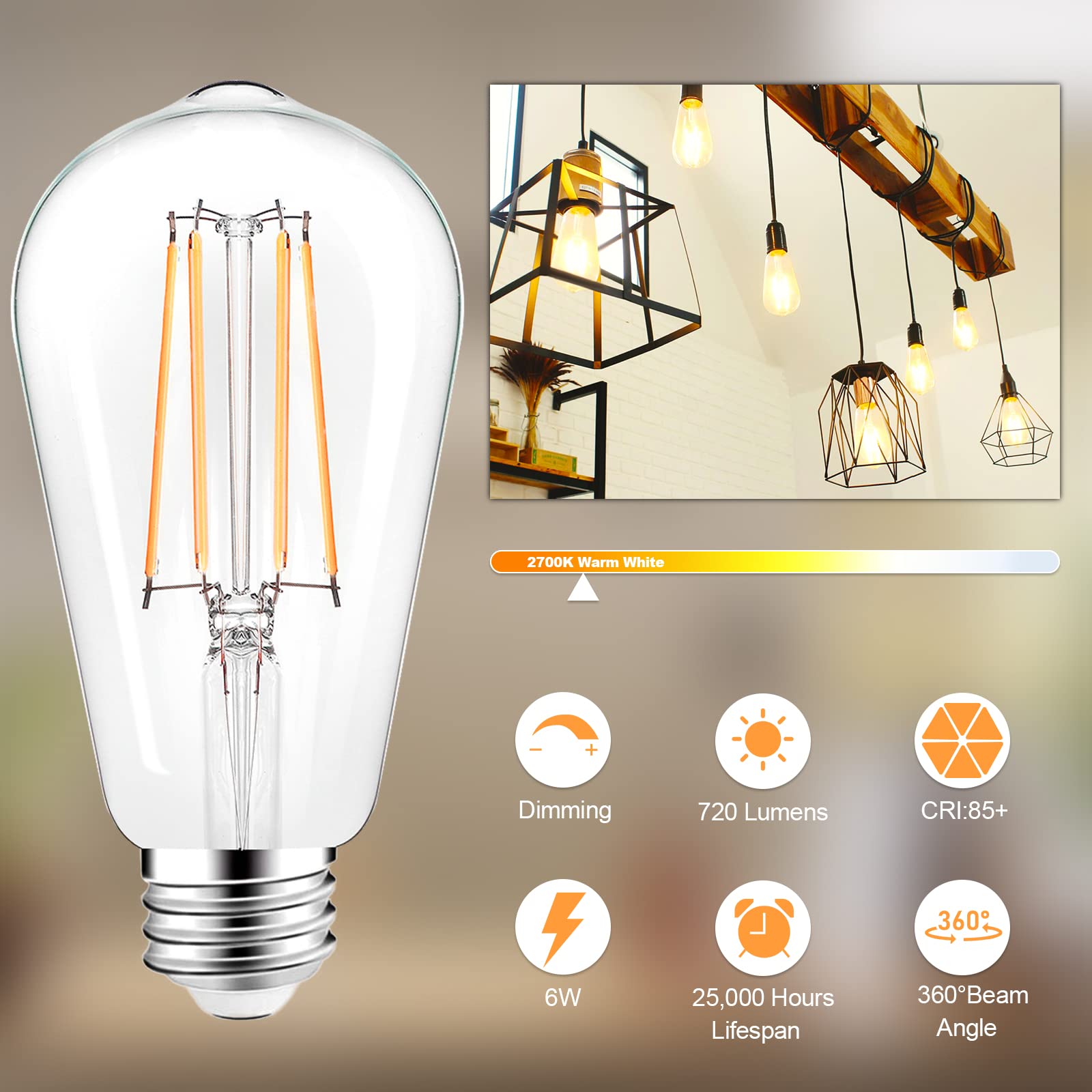 Partphoner Led Light Bulbs Dimmable Vintage Edison Bulb, E26 Led Bulb 60W Equivalent 720 Lumens, Warm White 2700K, St58 Antique