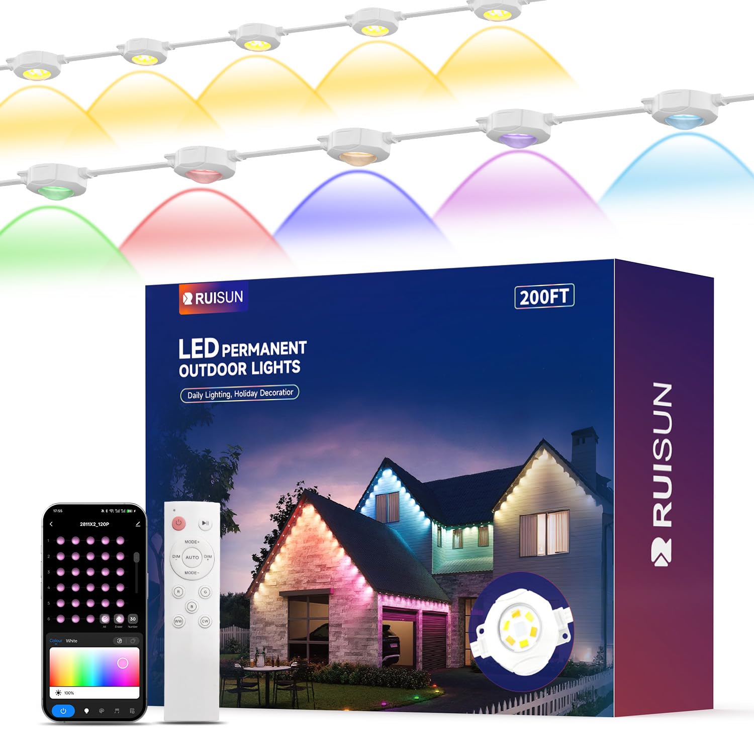 Permanent Outdoor Lights for House, 200FT with 120 RGBCW LEDs for Christmas, Daily and Holiday Lighting, Eave Lights for Outdoor