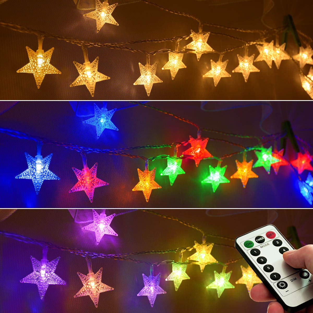 Homeleo 25ft 50 LED Multicolor Star String Lights, Battery Operated, Remote/Timer, Warm White & Multicolor for Bedroom Decor