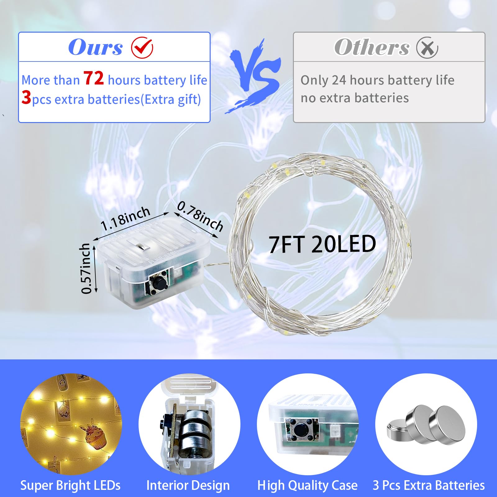 Chzk 50 Pack Blue Led Fairy Lights Battery Operated, 7Ft 20Led Mini String Lights Waterproof Twinkle Lights Firefly Starry Moon Lights For Mason Jars Wedding Christmas Party Bedroom Decor