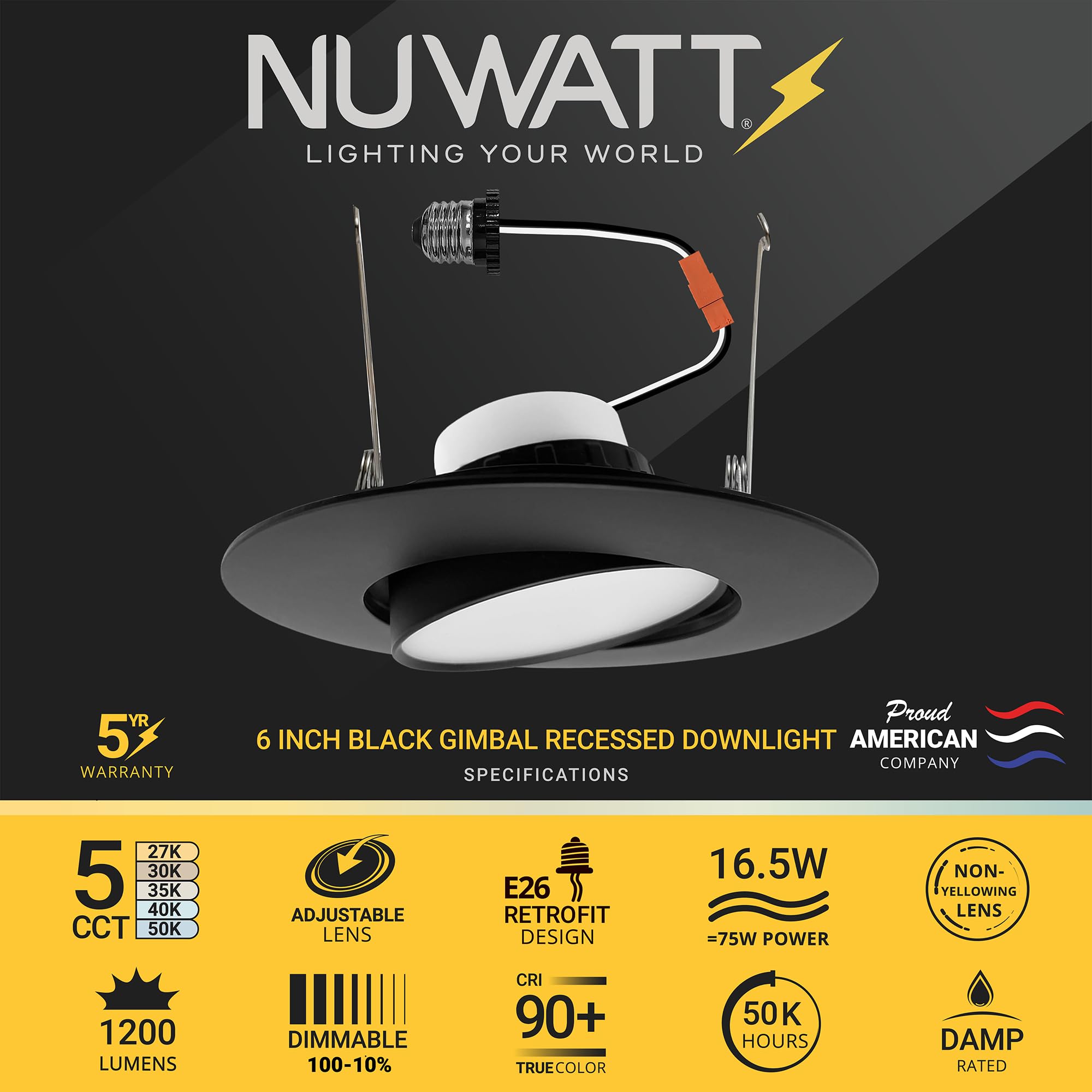 Nuwatt 6 Inch Led Black Gimbal Retrofit Recessed Lights, Selectable 5Cct 2700K/3000K/3500K/4000K/5000K, High Brightness, 1200Lm Dimmable, 16W, Directional Eyeball Light For Ceiling, Etl Listed 12 Pack