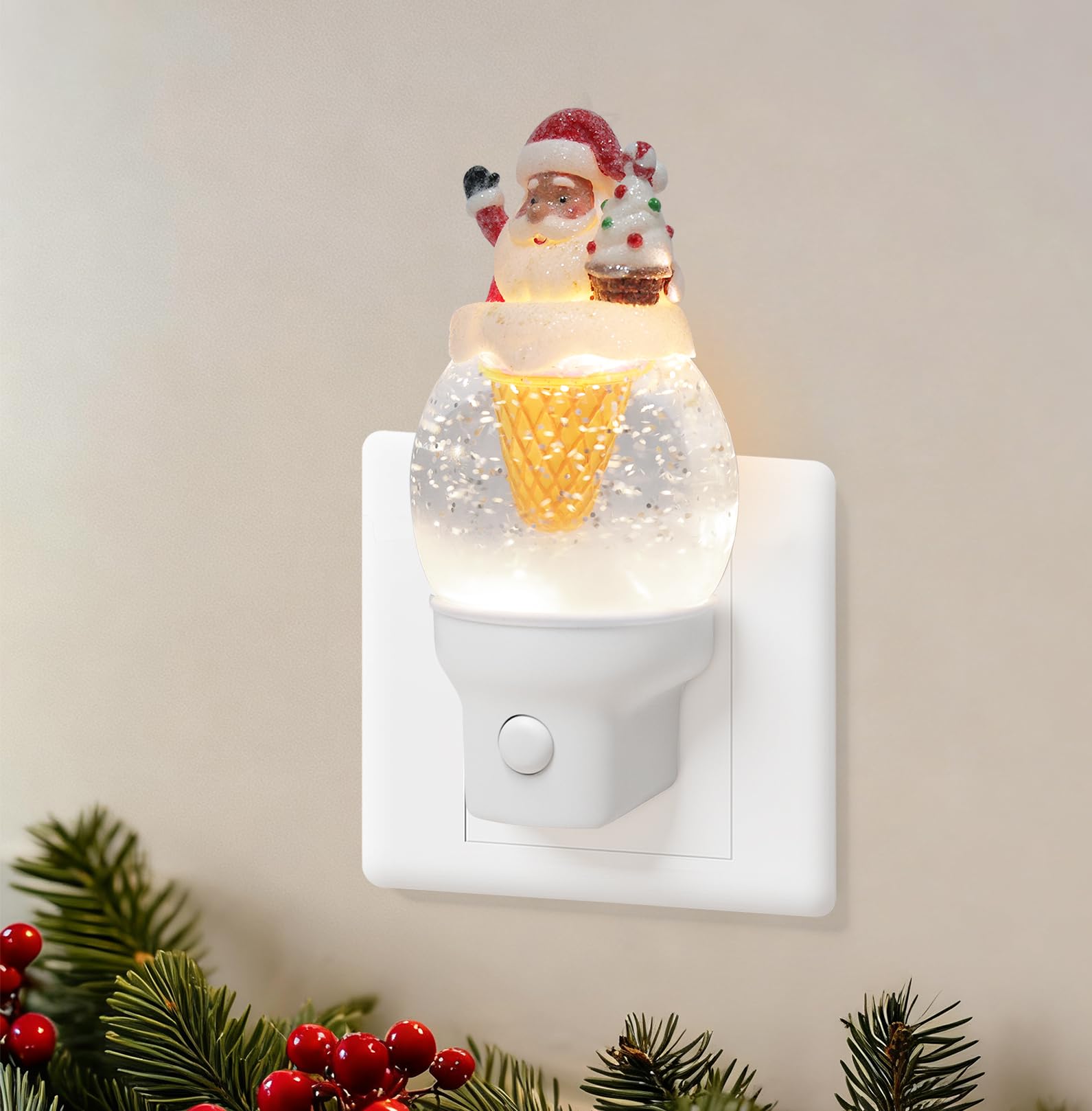 Christmas Santa Night Light Plug into Wall Glitter Water Nightlight with USB/Outlet Options  Christmas Decorative Nightlight for Bedroom Kitchen Nursery Holiday Decorations Gifts (Santa Ice Cream)